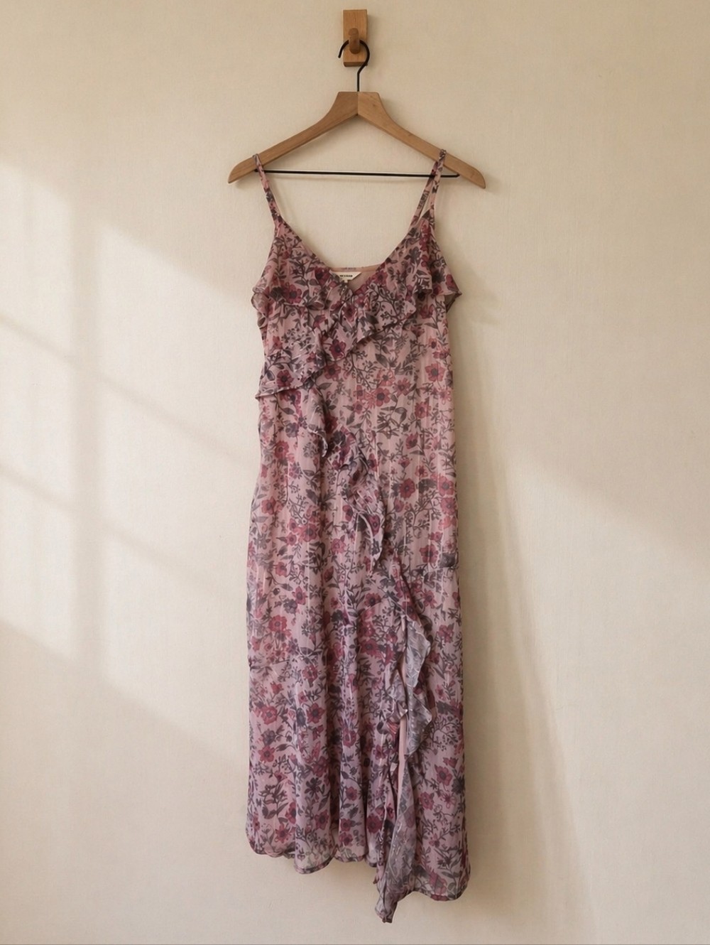 Lucky Brand Floral Ruffle Midi Dress Pink/Mauve Sheer Overlay Size M