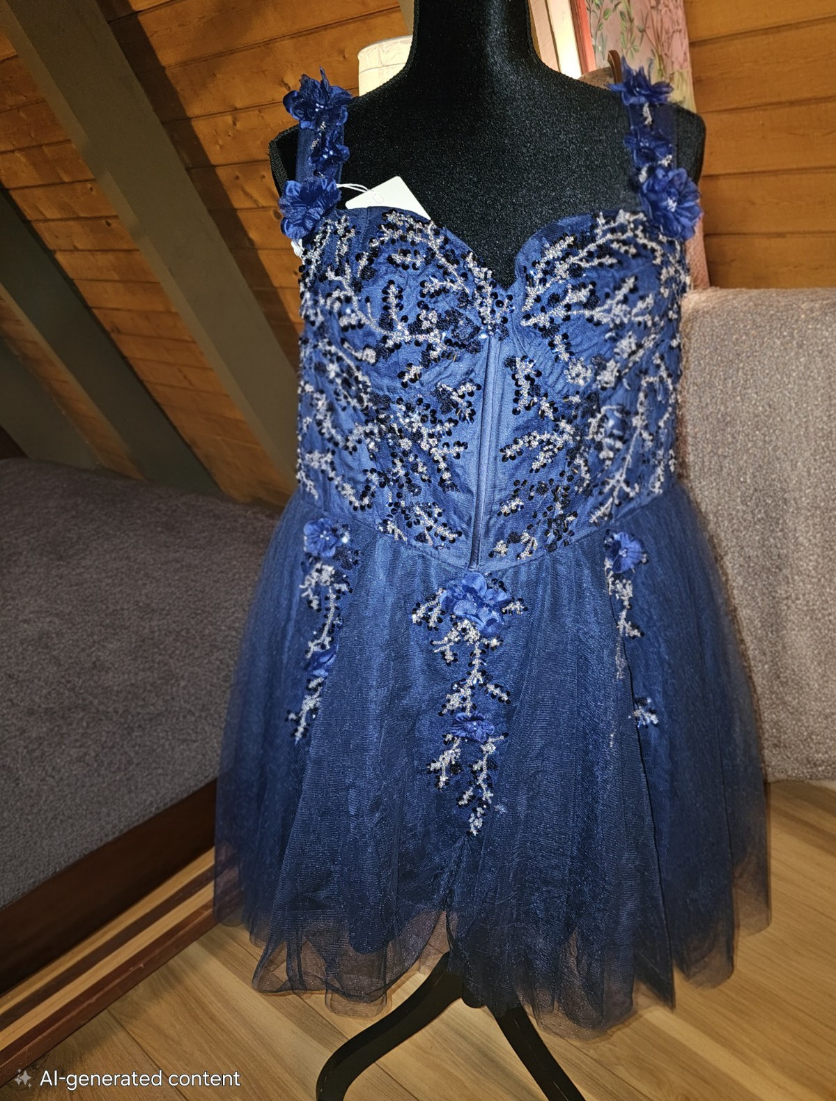 Blue Floral Tulle Sequin Corset Dress Lace-Up Back Strapless Mini Size 14