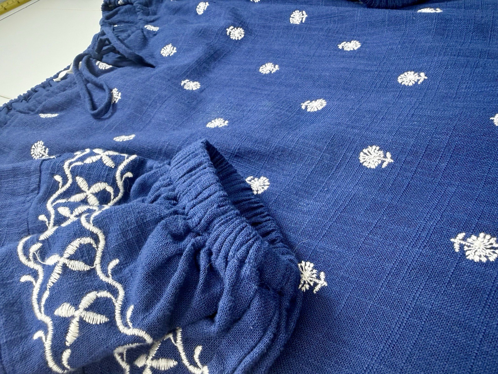 A Loves A XS Navy Blue Embroidered Cotton Peasant Dress Lined Pockets Boho puff