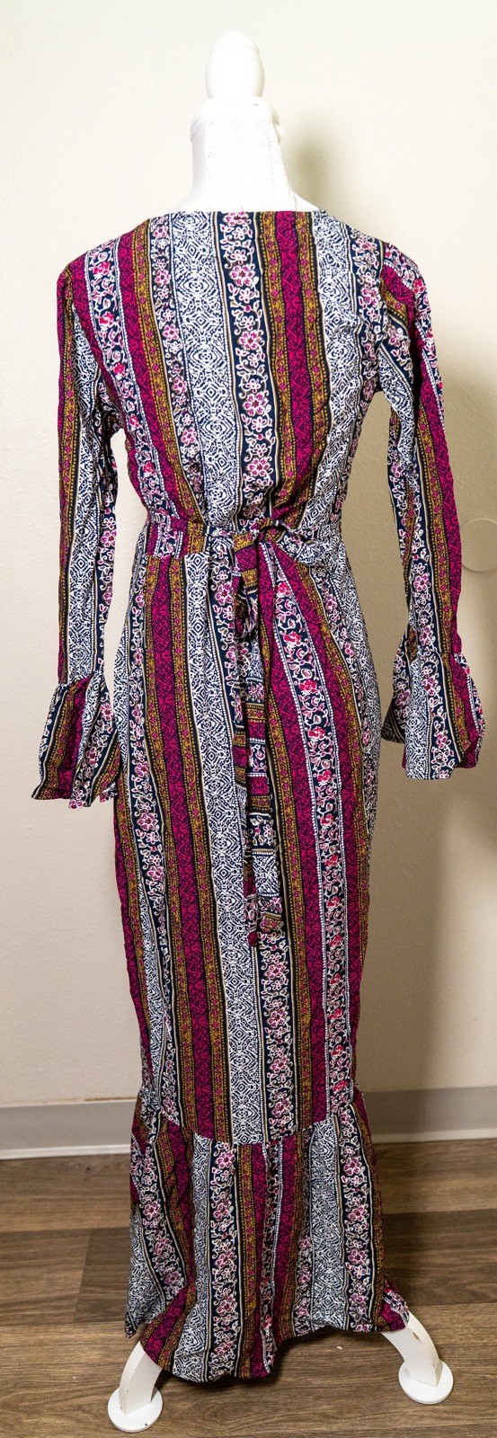 R. Vivimos Womens S Multicolor Floral V-Neck Wrap Maxi Long Sleeve Tie Ruffle