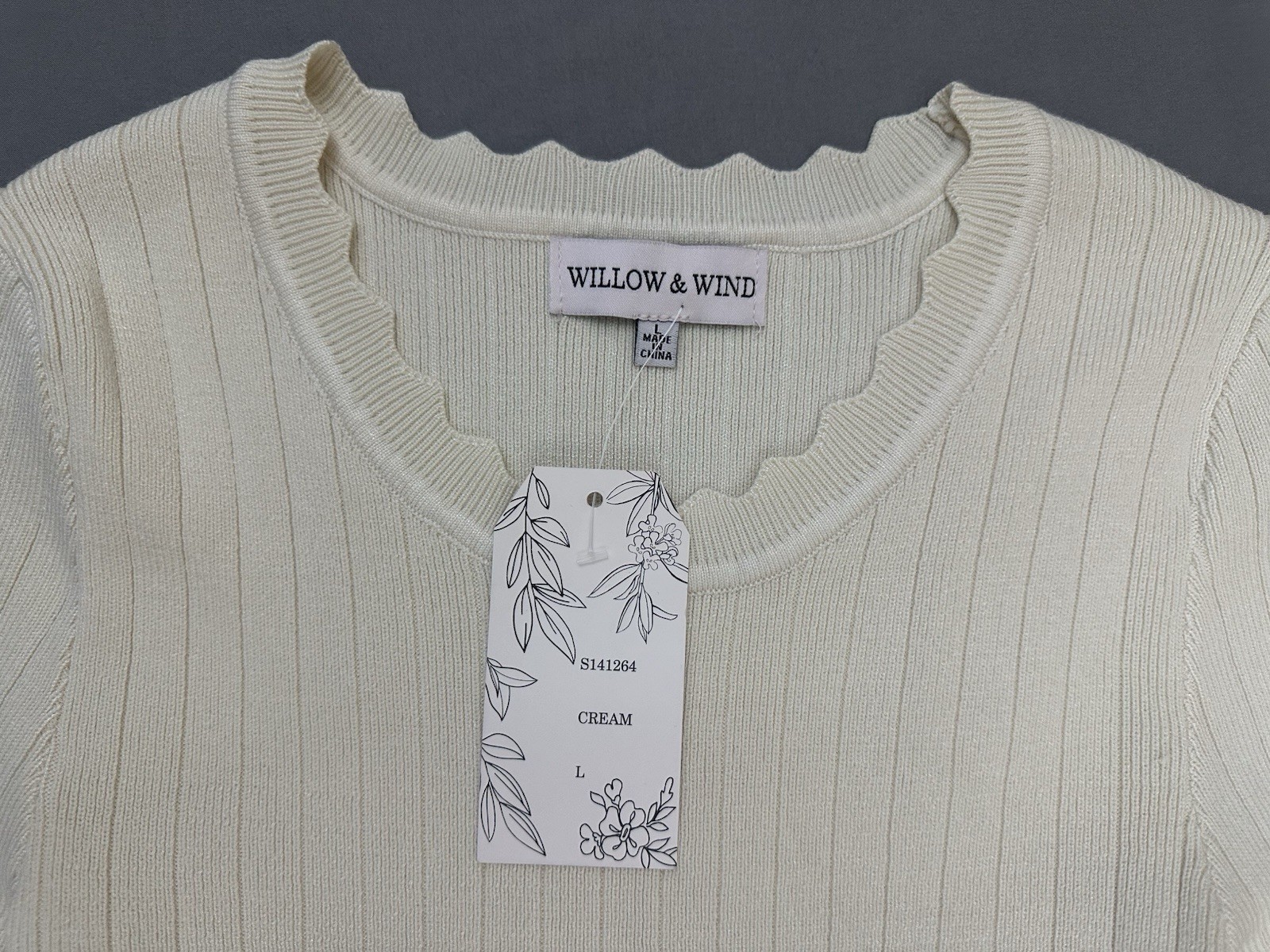 Willow & Wind Cream Rib Knit Scoop Neck Pullover Dress L Scalloped Stretch
