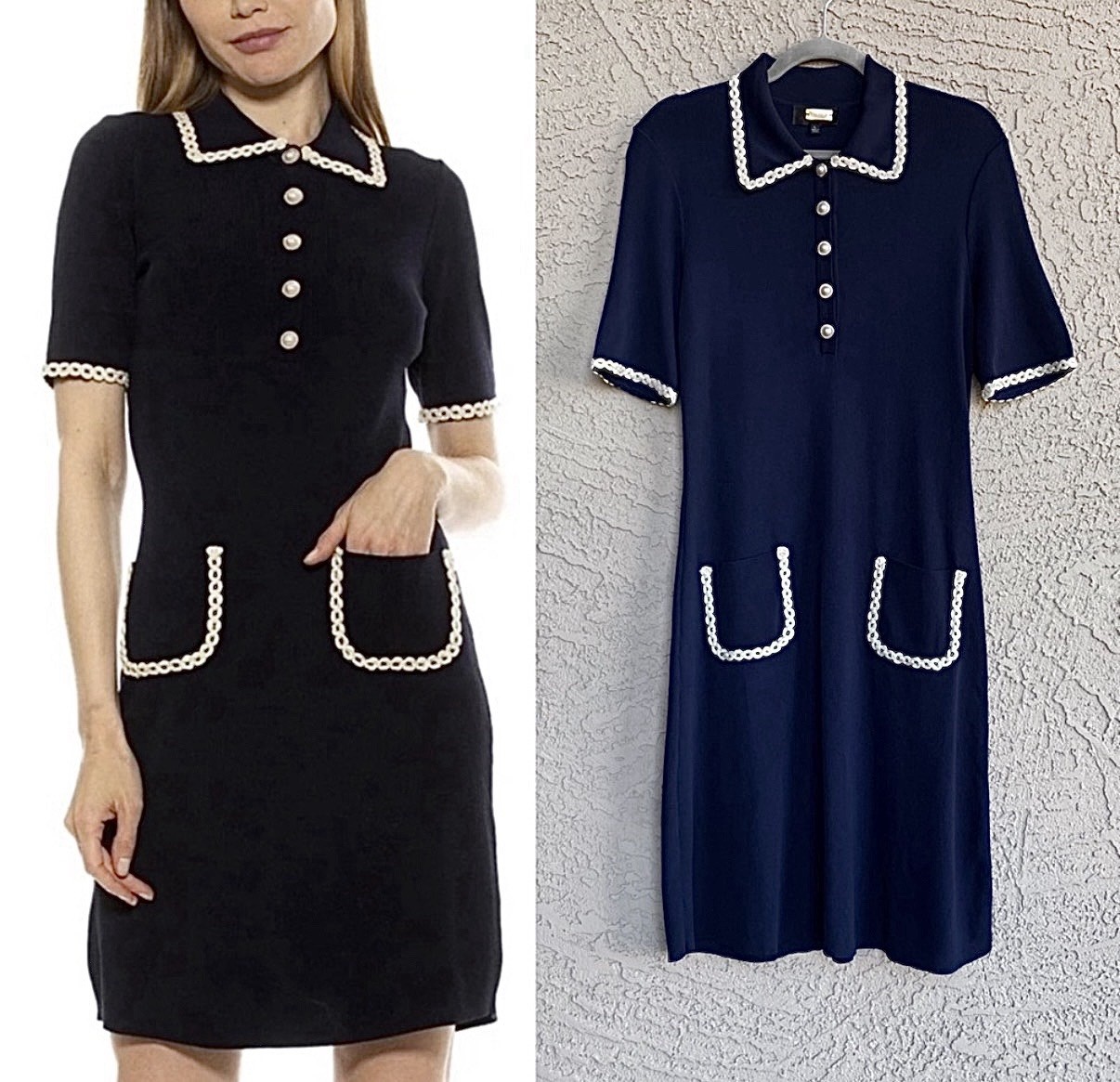 ALEXIA ADMOR Navy Knit piper dress embroidered collar/pockets Size M Preppy