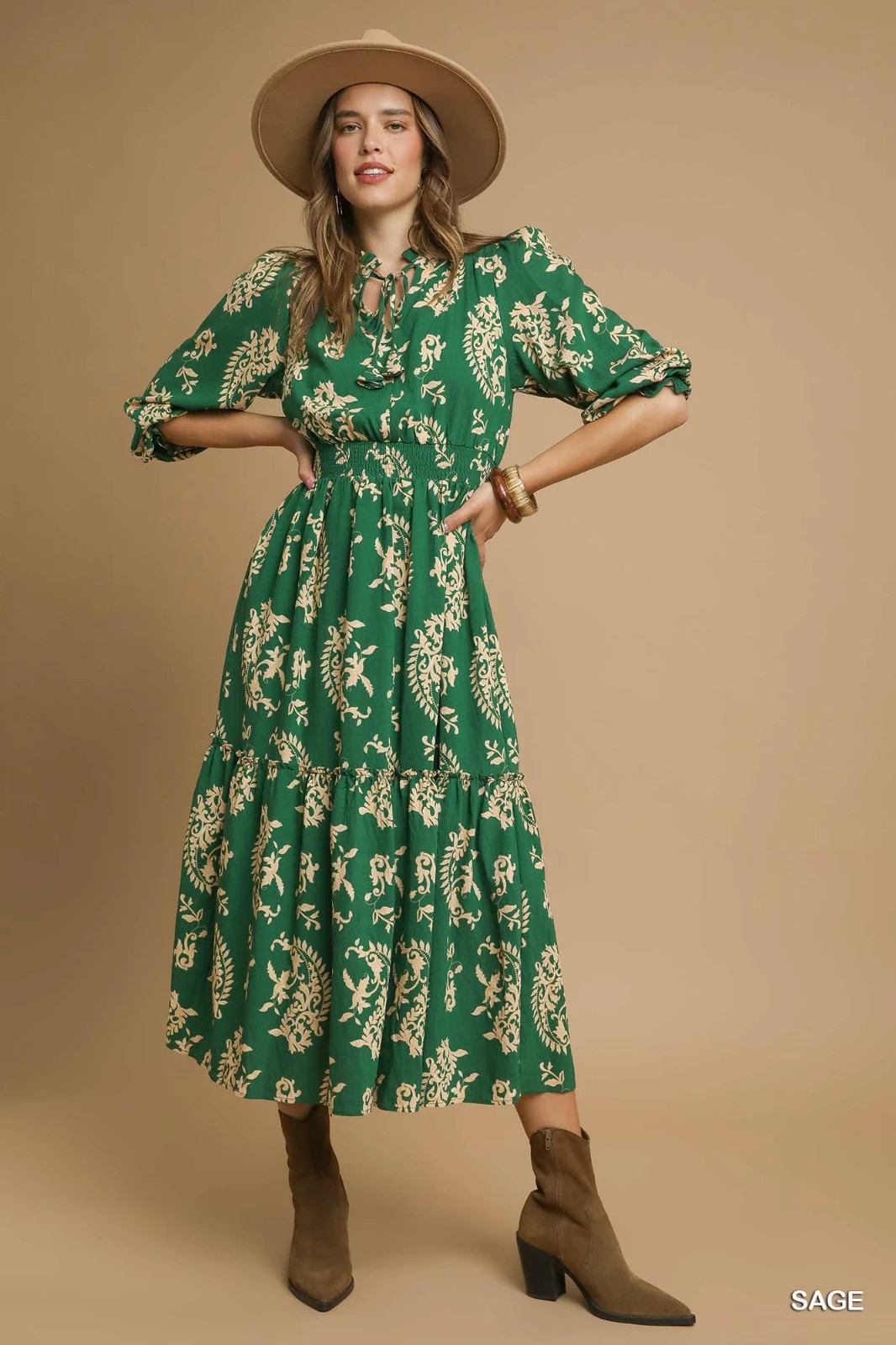 Umgee Sage Midi Tiered Dress w/Split V-Neck with Tie Front & Long Sleeves