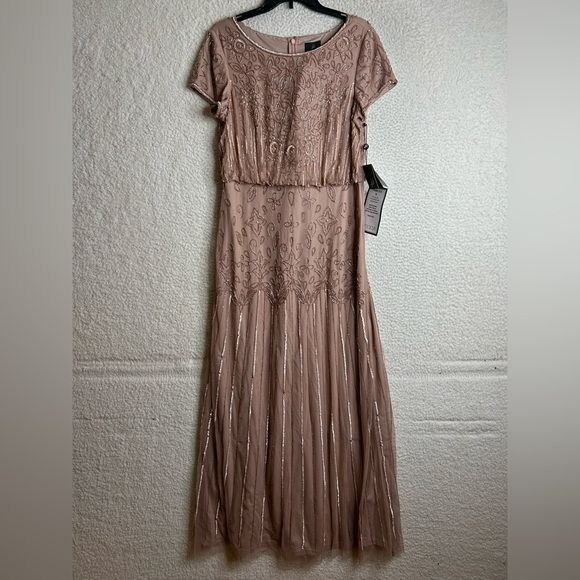 NWT Adrianna Papell Womens Rose Gold Beaded Blouson Gown Dress SIZE 4