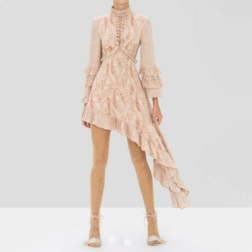 Alexis LIORA Asymmetrical Empire-Waist Keyhole Ruffle Long-Sleeve Satin Dress XS