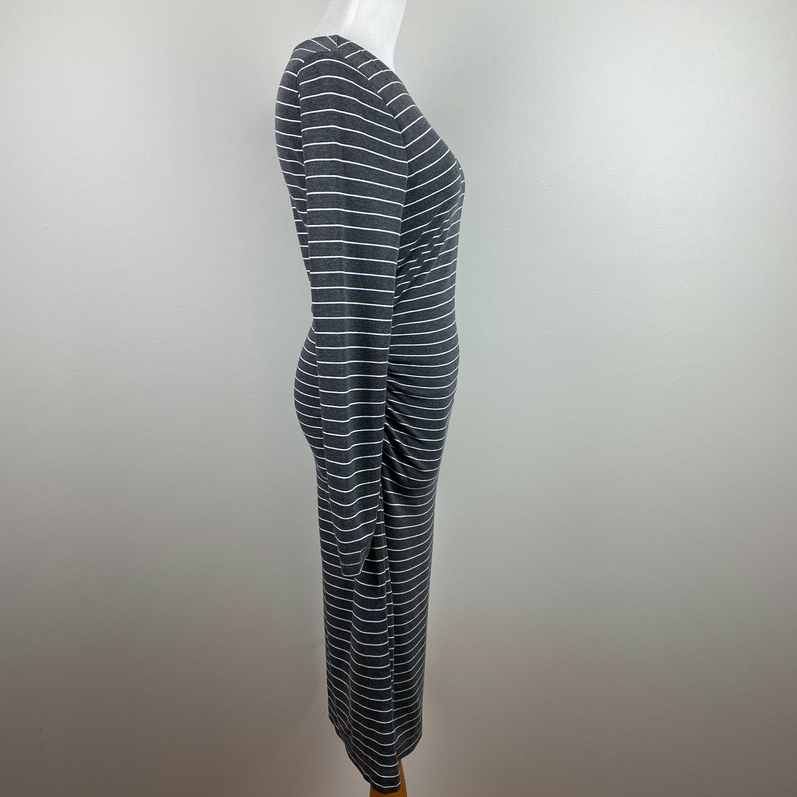 Ann Taylor Dress Small Gray White Stripe Sheath Ruched Waist Long Sleeve Career