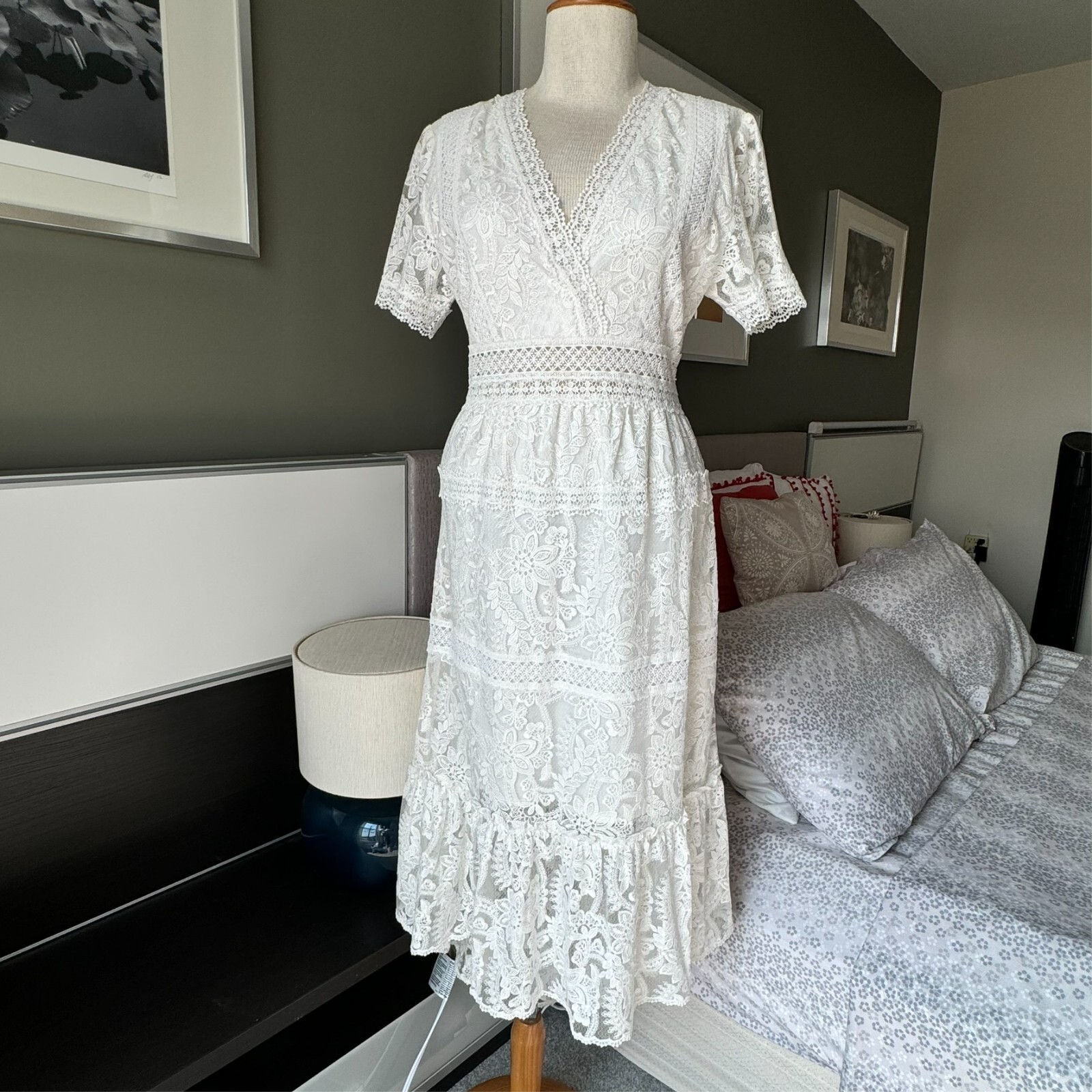 The Kooples Paris White Lace Dress Hi Low Tiered Skirt Peek-a-Boo Sz 3