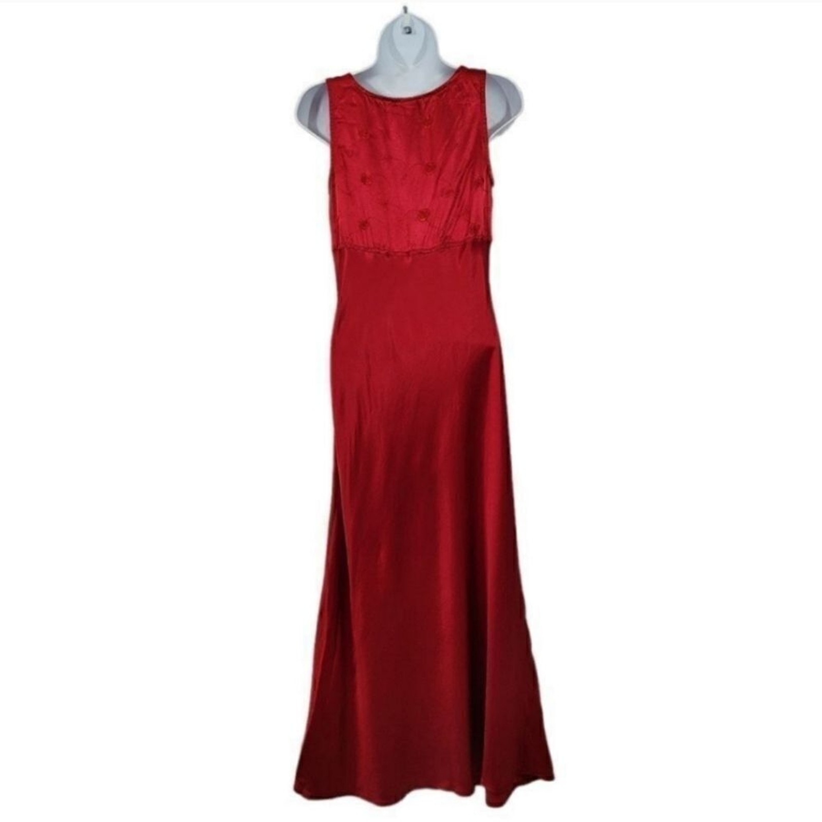 Vintage 90’s Maurices Red Embroidered Satin Slip Midi Dress Modern Size Small