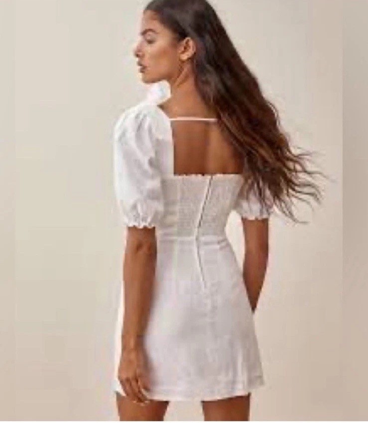 Reformation Spring Linen Mini Dress Bow Detail Puff Sleeves White Size 4
