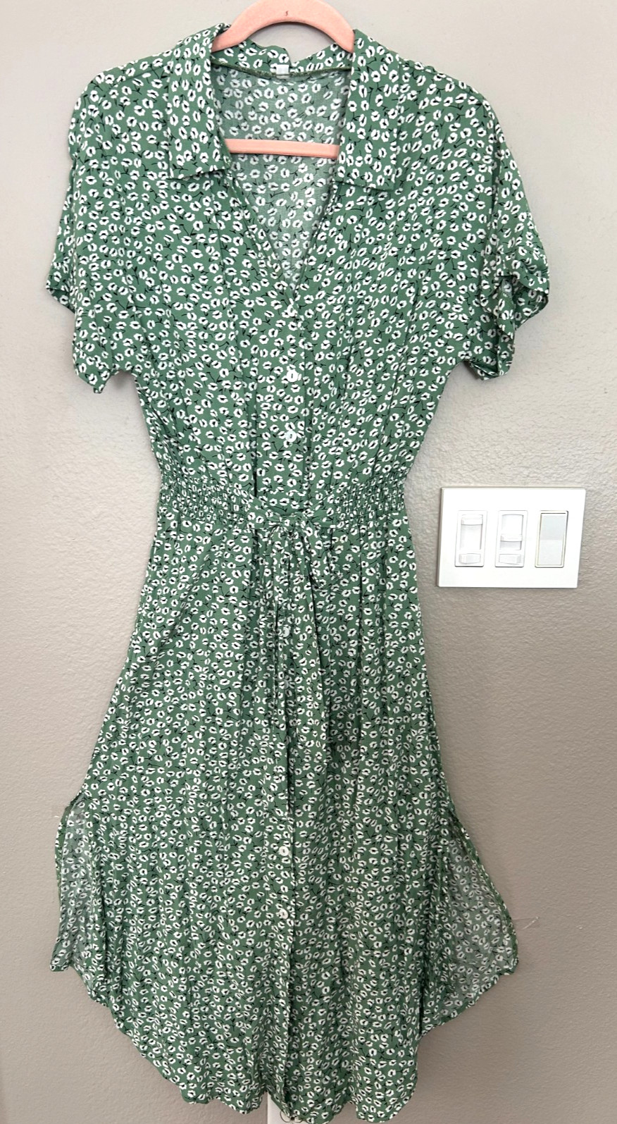 AMAZON FASHION GREEN FLORAL LIGHTWEIGT MIDI SHORT SLEEVES BUTTON DOWN DRESS SZ:S