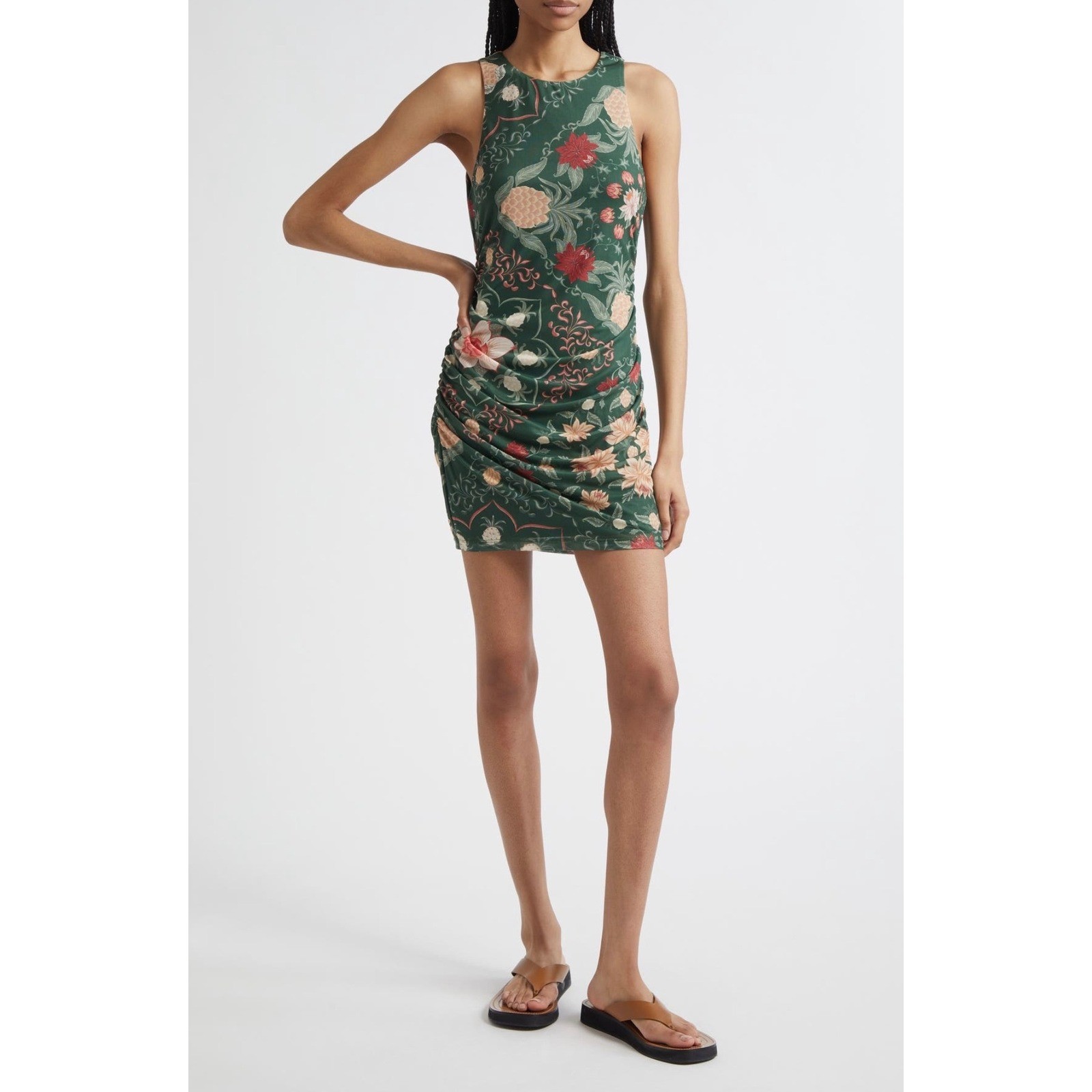 FARM Rio Green Tropical Pineapple Garden Stretch Tulle Ruched Bodycon Mini Dress