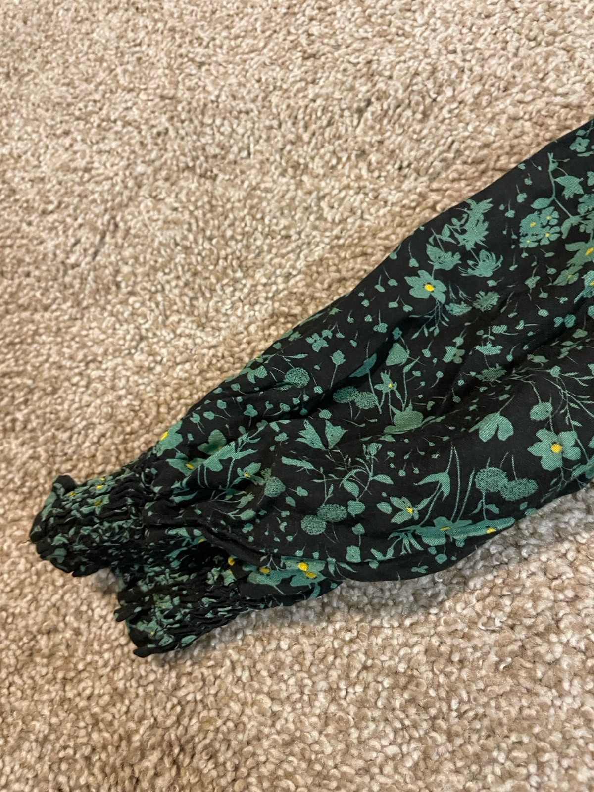 ZARA Black Green Floral Button Top Elastic Cuff Maxi Dress Sz XXL