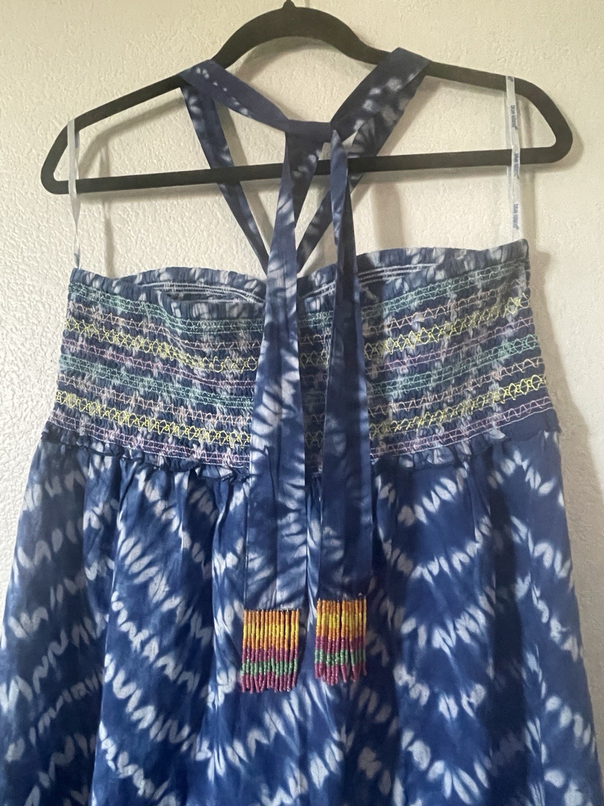 Blue Island One Size Blue/White Tie Dye Midi Sundress Smocked Beaded Fringe