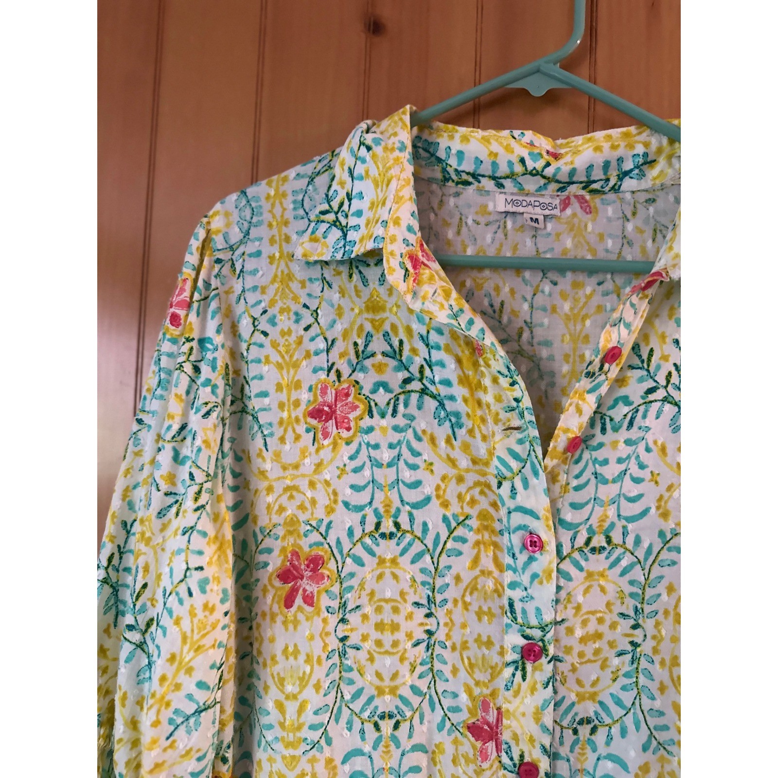 MODAPOSA Cottagecore Floral Block Print Cotton Boho Dress Yellow Teal Pink M