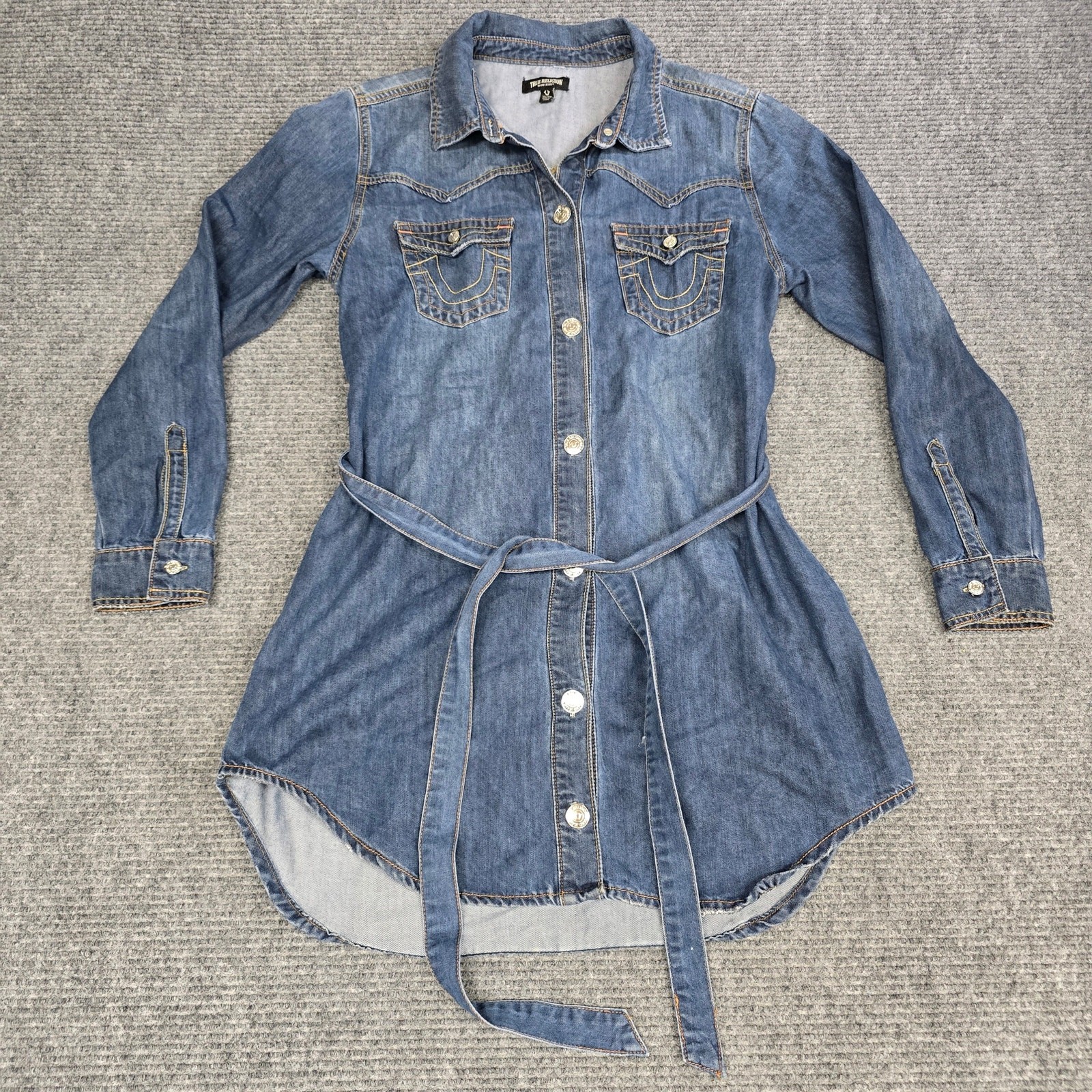 True Religion Georgia Denim Shirt Dress Womens XL Belted Button Front Blue