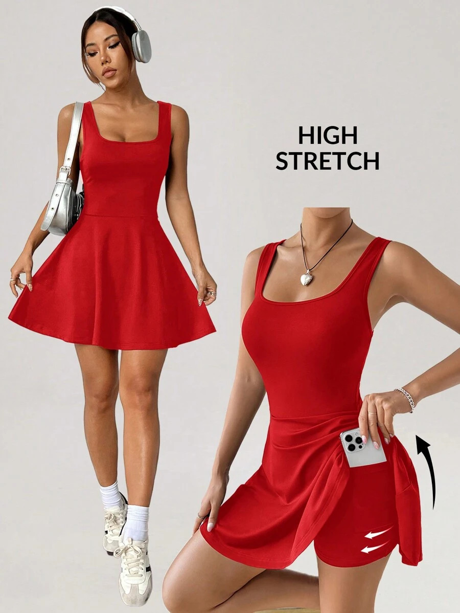 Knitted Bodycon Jumpsuit Square Neck Sleeveless Romper Flared Short Pocket