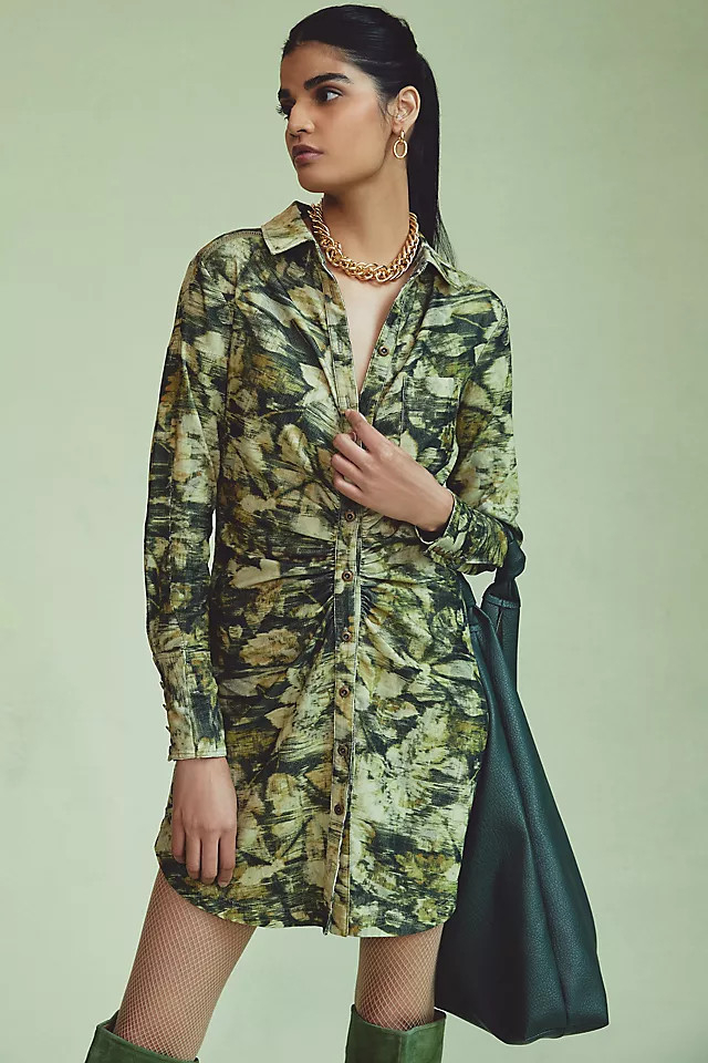 Anthropologie Pilcro Shirt Dress Mini Ruched Green Camouflage Corduroy 2