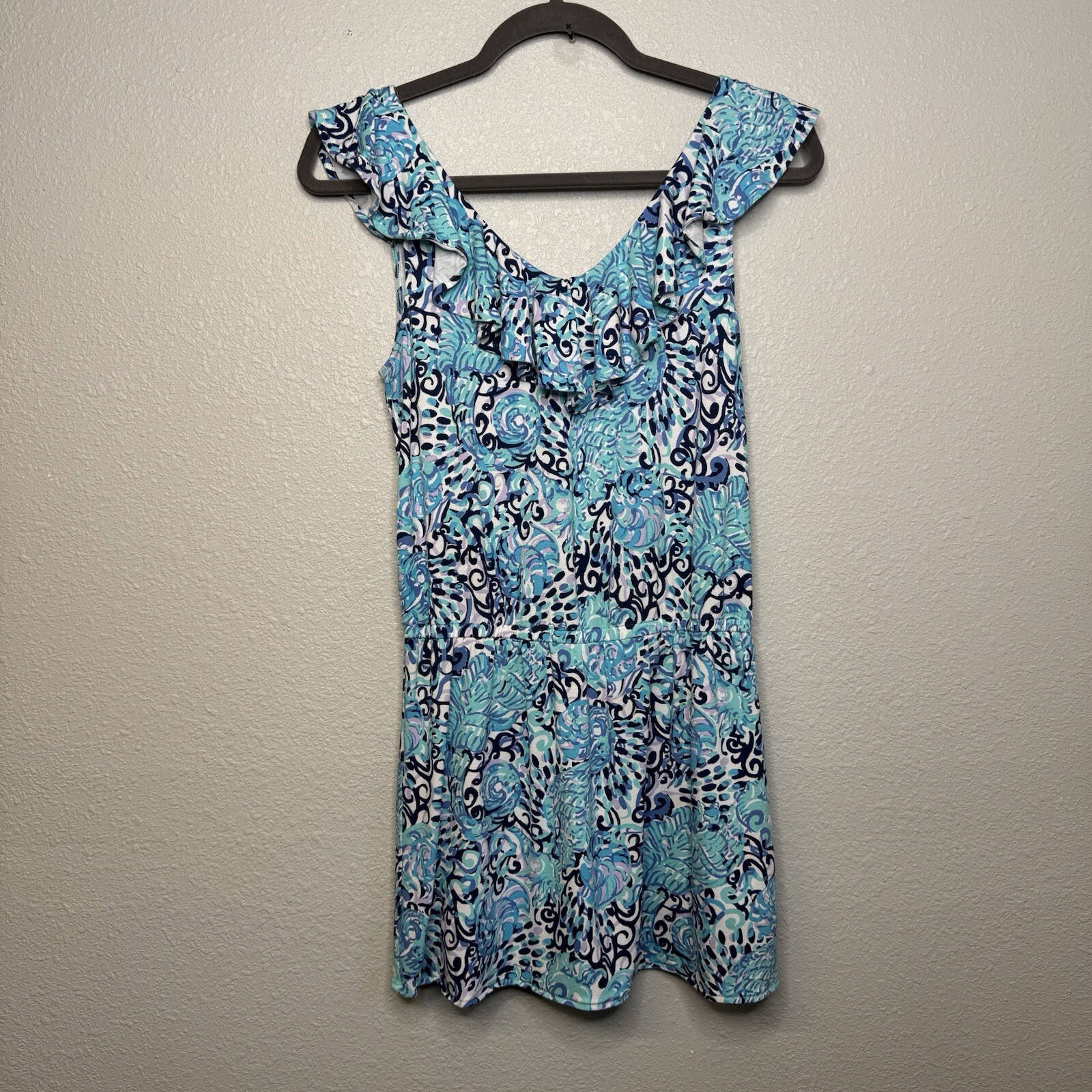 Lilly Pulitzer Alessa Romper Light Aqua Spritz Size X-Small 96% Rayon 4% Spandex