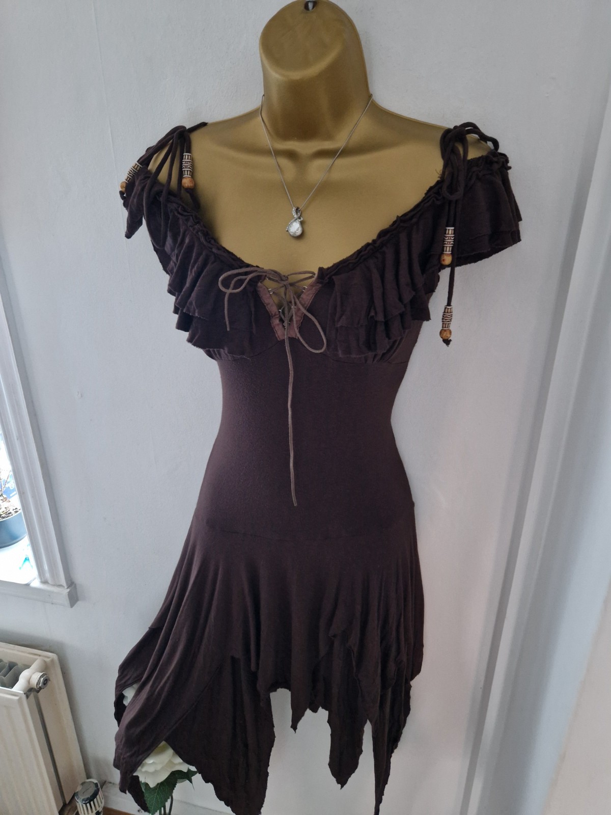🤎 Rare Stunning Jane Norman Brown Milkmaid Fairy Boho Dress 10/12 🤎
