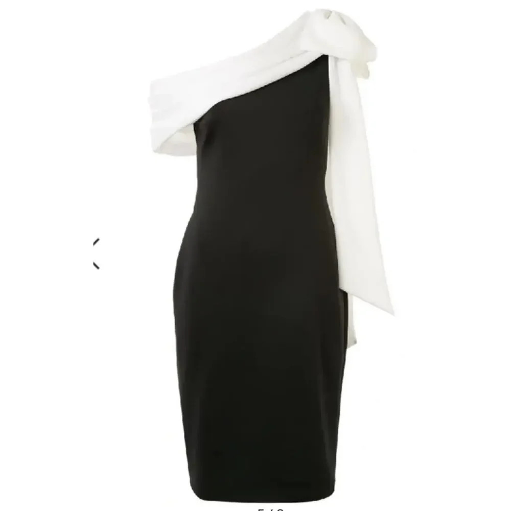 Tadashi Shoji Rigel Scuba White Bow Black Dress s.L Draping Off The Shoulder NEW