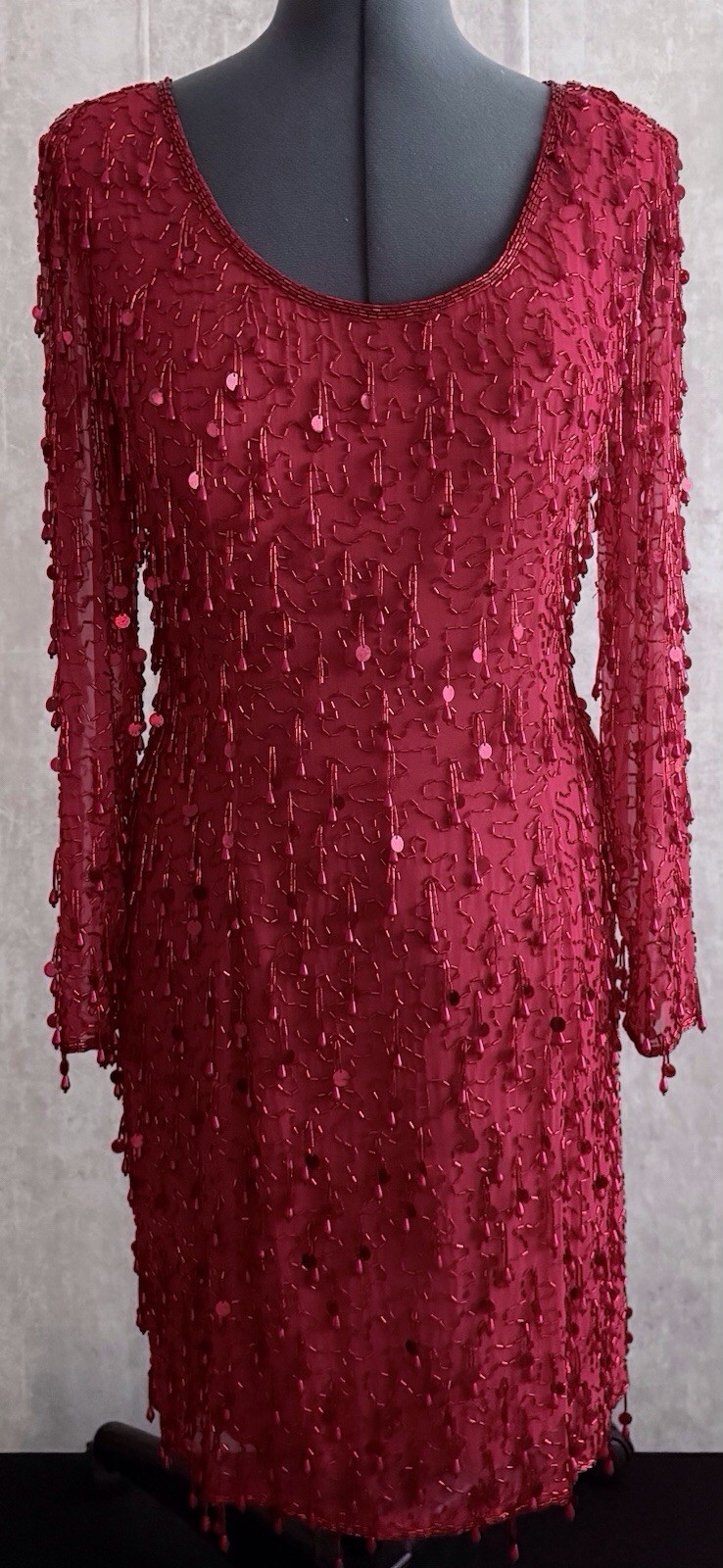Vintage 90s Oleg Cassini Red Beaded Sequin Fringe Silk Evening Gown Dress 4