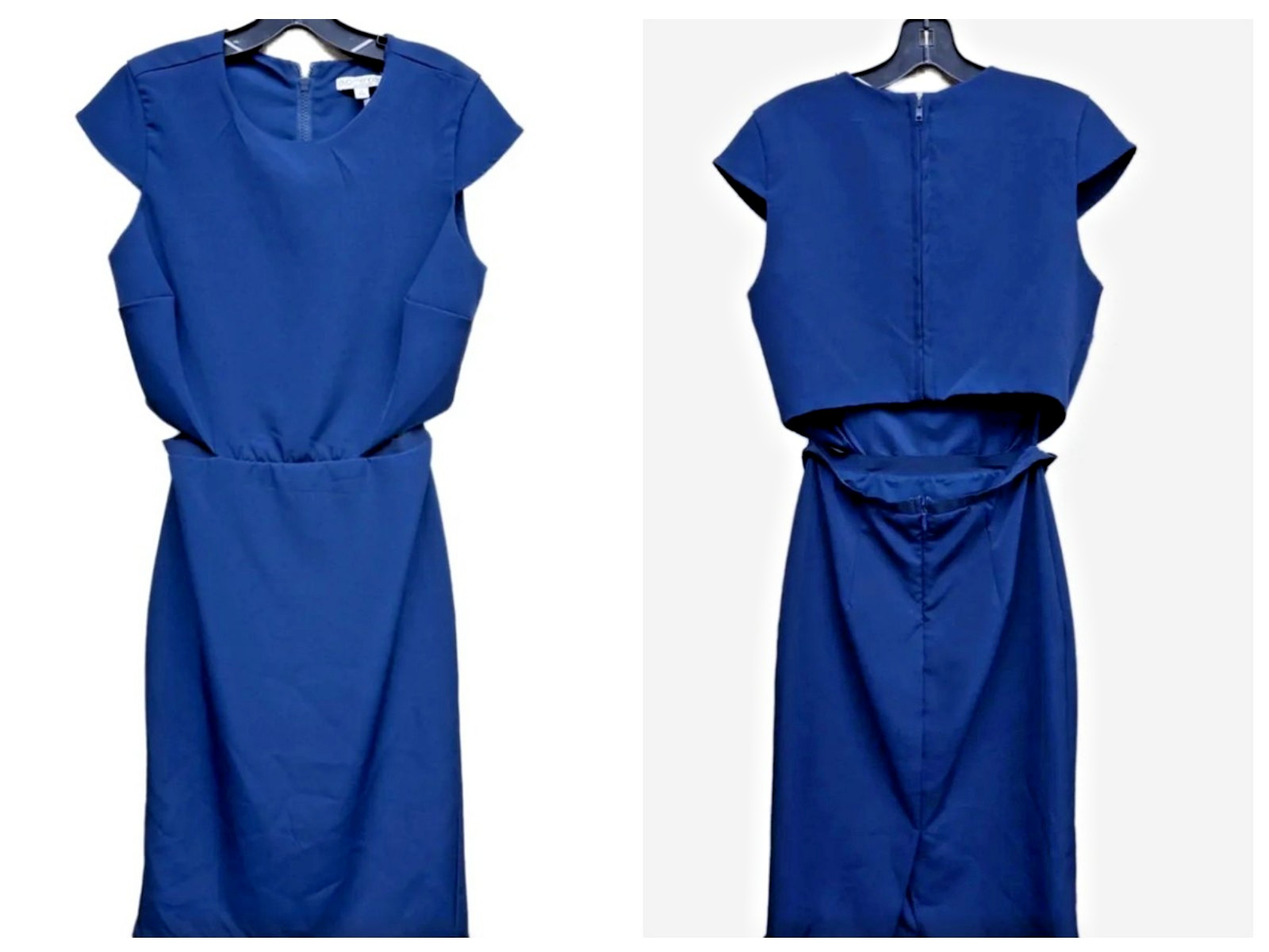 Eva Mendes Dress 6 Navy Blue Cap Sleeves Open Back Midi Length Back Zip Lined
