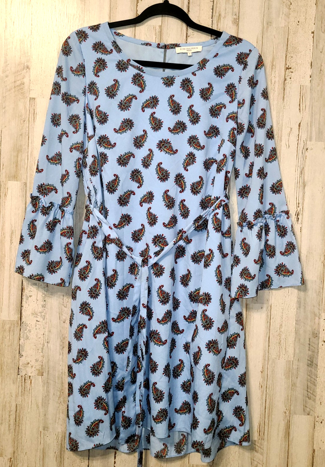 Kobi Halperin size S Paisley Shift Tie Dress Bell sleeve Pleat back