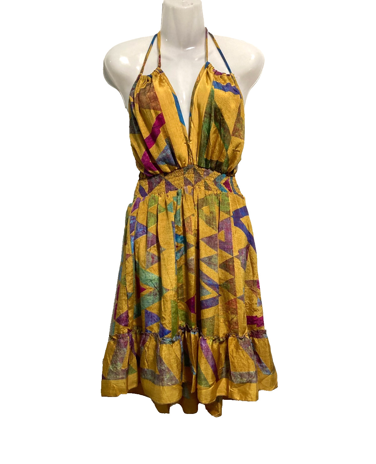 MT Collection Silk Blend Halter Dress Tassels Vibrant Festival Beach One Size