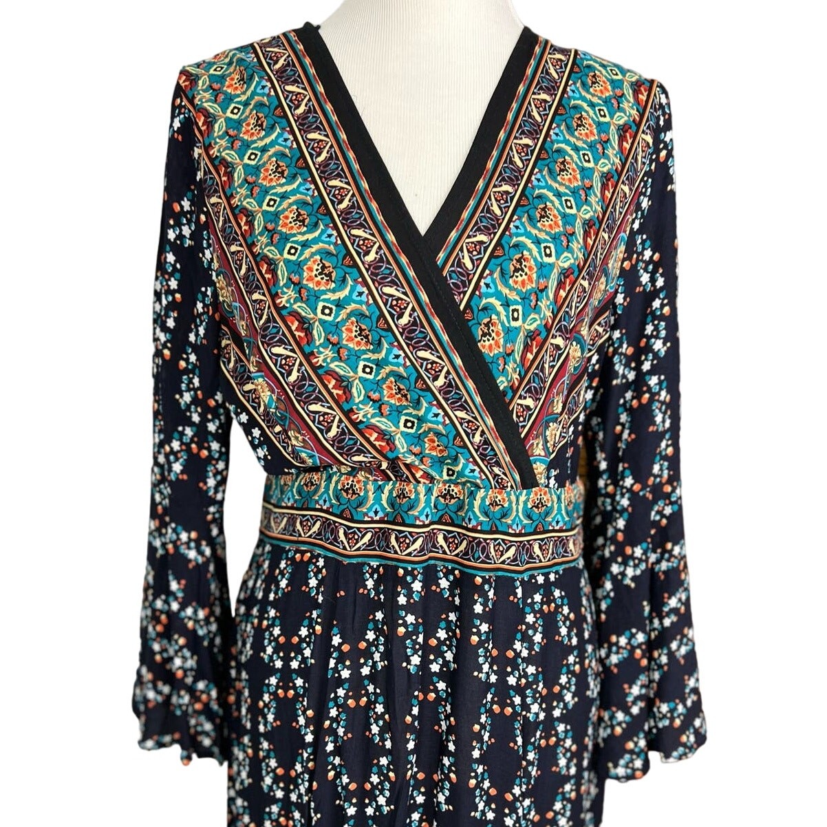 NWOT SHEIN Plunging Neck Tribal Print Floral Motif Maxi Dress Boho Dress 12/XL