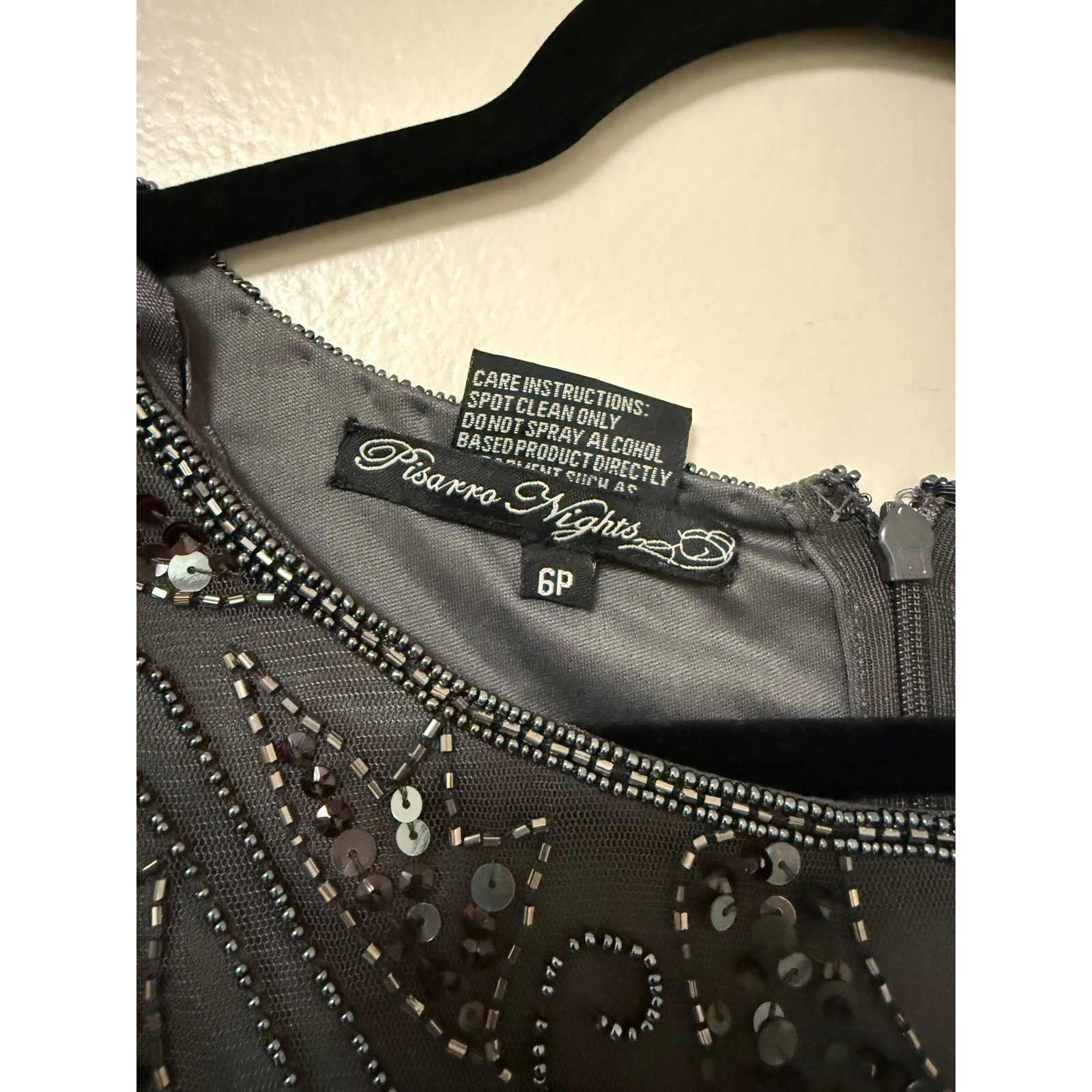 Pisarro Nights Gray Beaded Sequin Gown 3/4 Sleeve Formal Maxi Dress