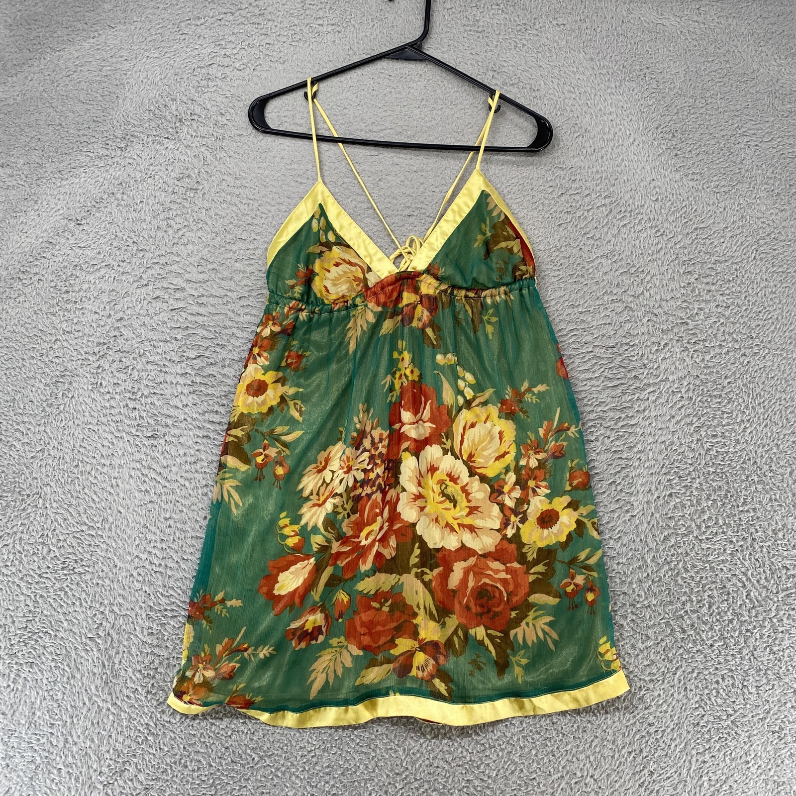 Double Zero Babydoll Dress Womens Large Y2K Green Floral Chiffon Boho Slip