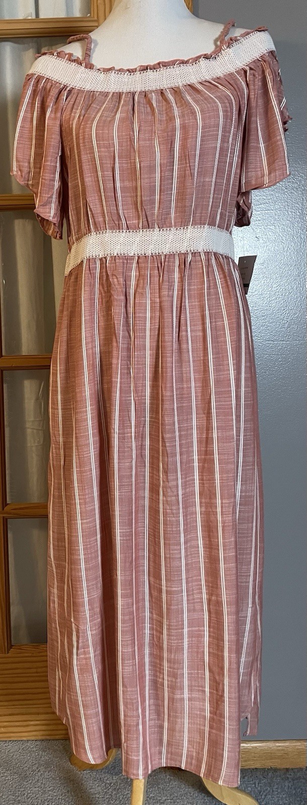 Violet Weekend Striped Midi Dress Sz L Pink-Red Off The Shoulder Modern Classic