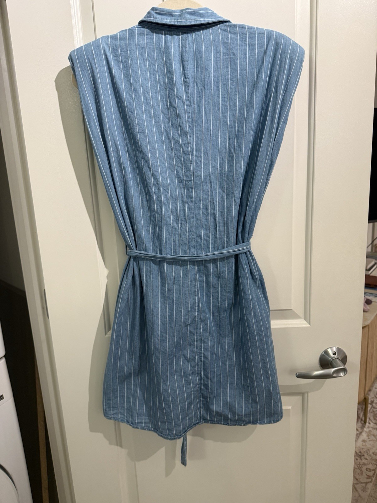 Fate Blue White Striped Collared Sleeveless Shirt Dress Button Belted Short M