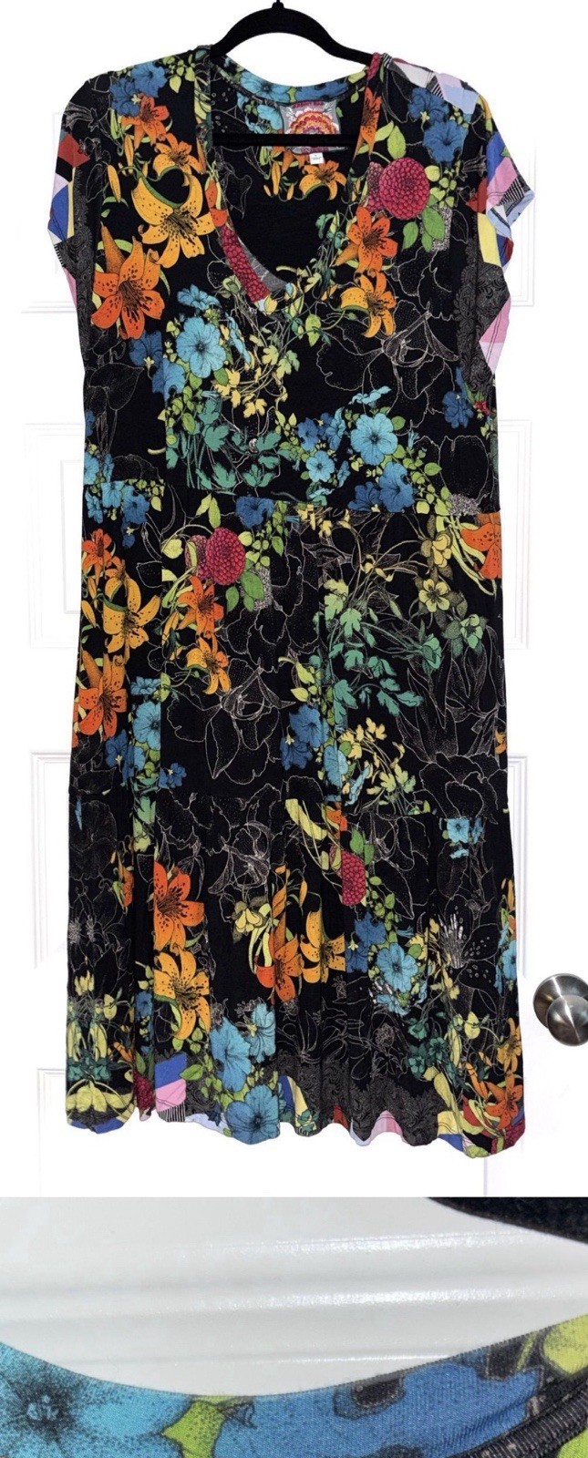 JOHNNY WAS NERO SEQUENCE TIERED TEA Floral MIDI Dress Black WOMEN Large Jersey