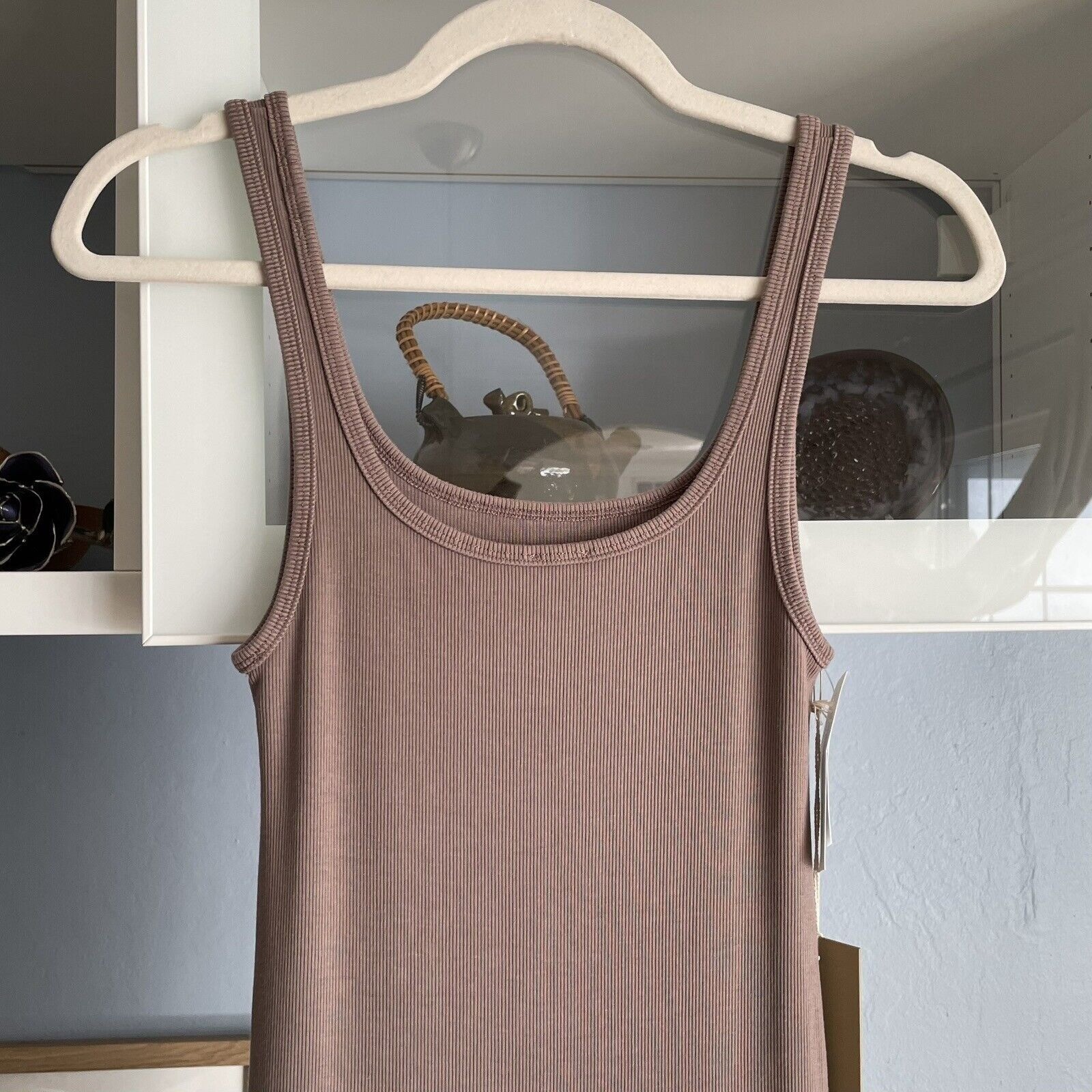 Wilfred Free Aritzia Murdock Midi Dress XS Ribbed Knit Taupe Sleeveless Bodycon