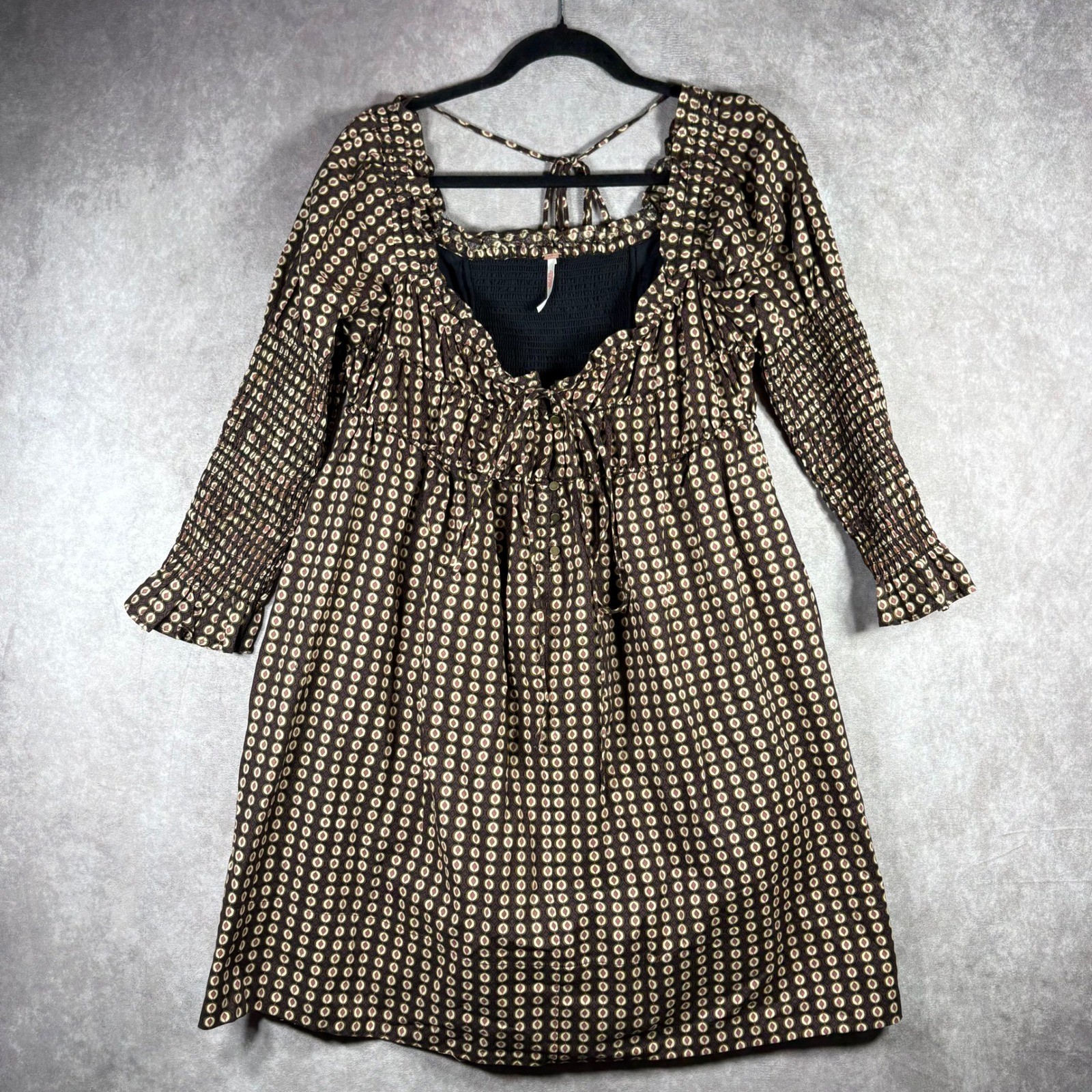 Free People Star Dip Mini Dress Womens Size Small Brown Smocked Boho Long Sleeve