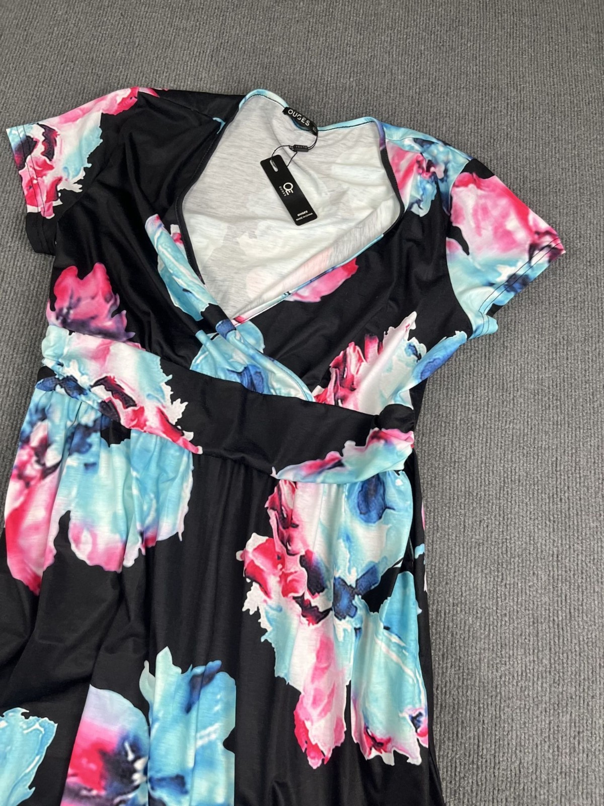 Ouges Womens Floral A-Line Wrap Dress XXL Black With Pink & Blue Flowers NWT
