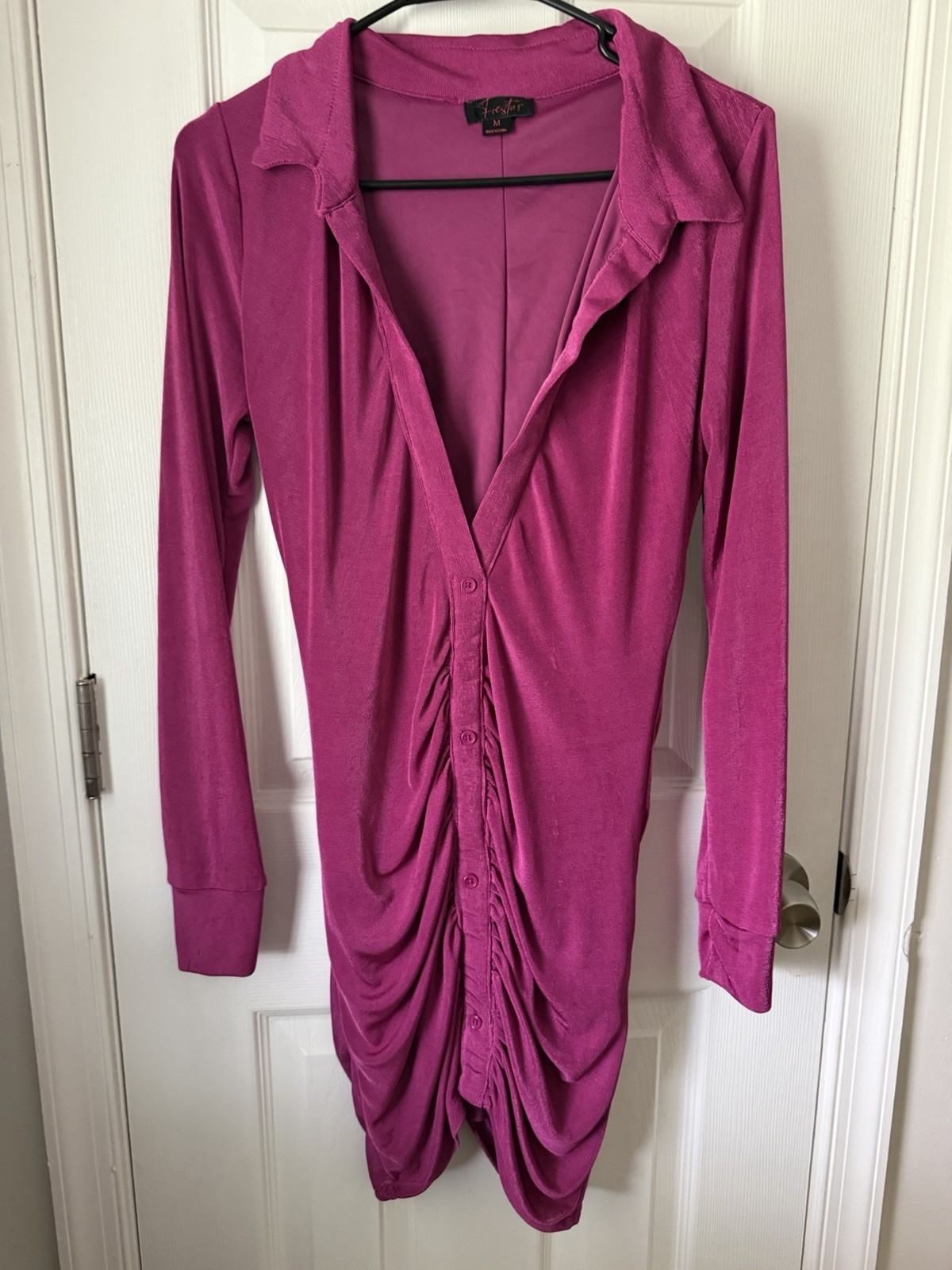 Foxy Jr Women’s M Purple Solid Ruched Button Front Collared Shirt Dress Short