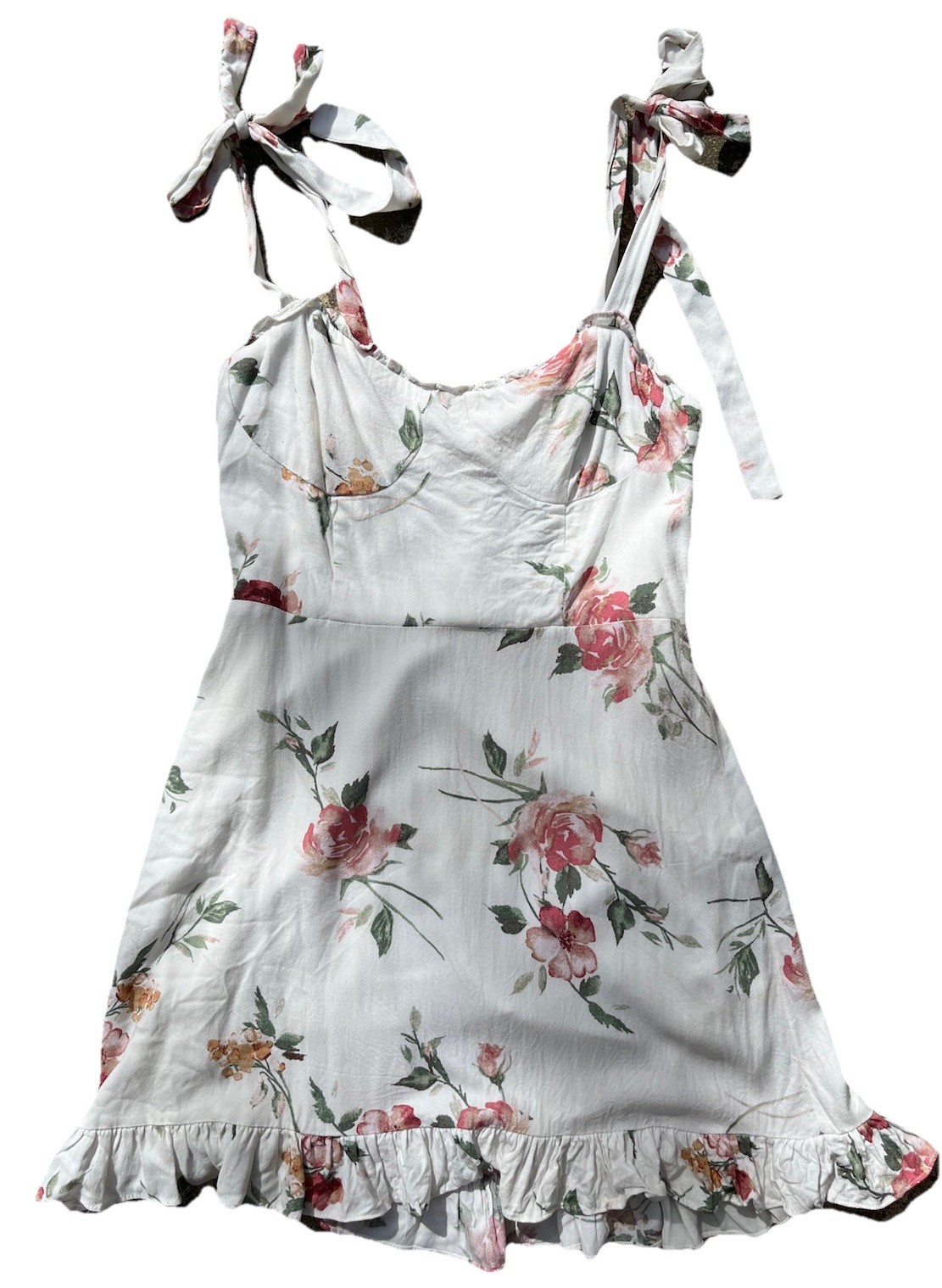 Audrey 3+1 S White Floral Bodice Tailored Tie Fitted Boho Ruffle Lined Sun Dress