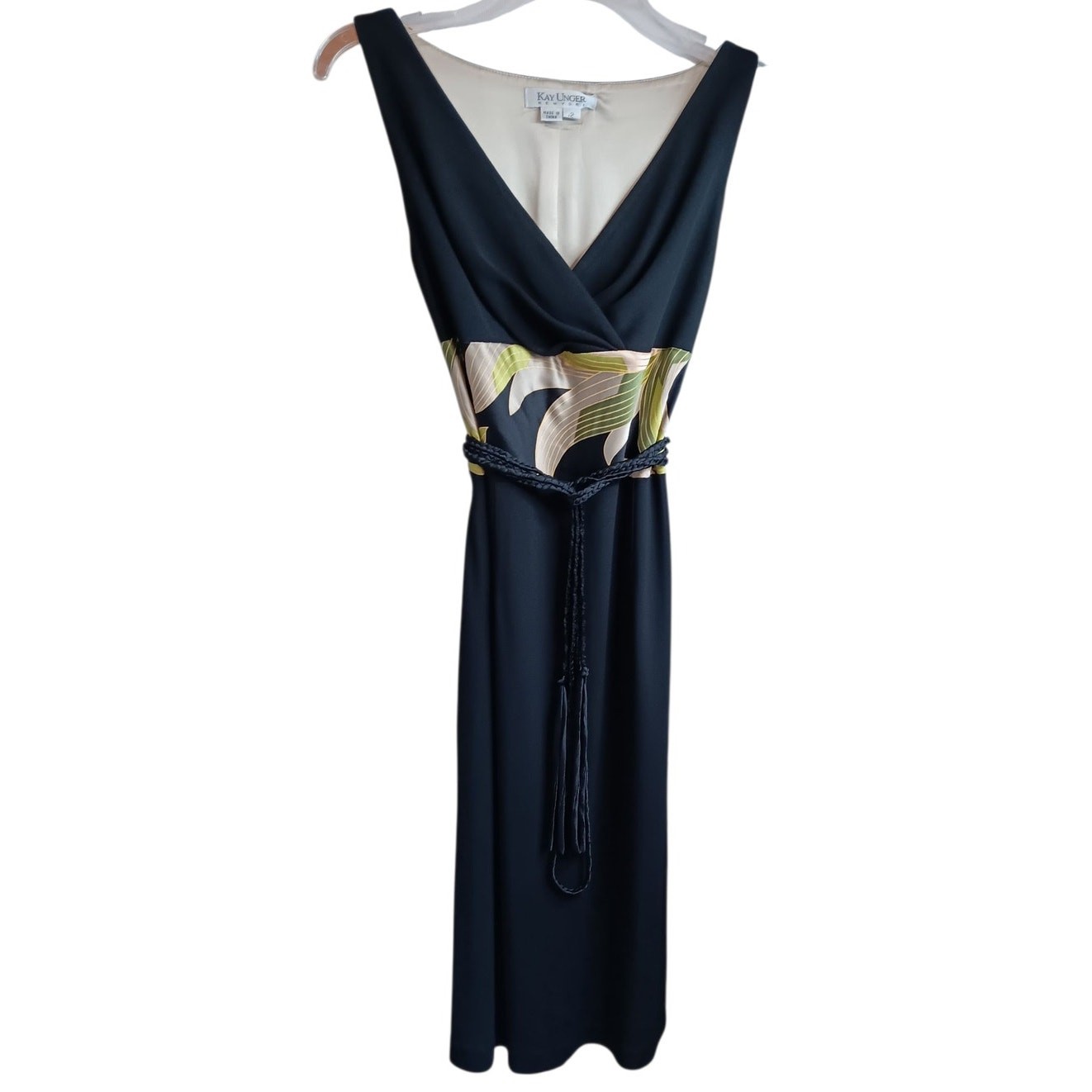 KAY UNGER New York Silk Blend Dress Size 2 Dressy Career Event Woven Belt V-Neck