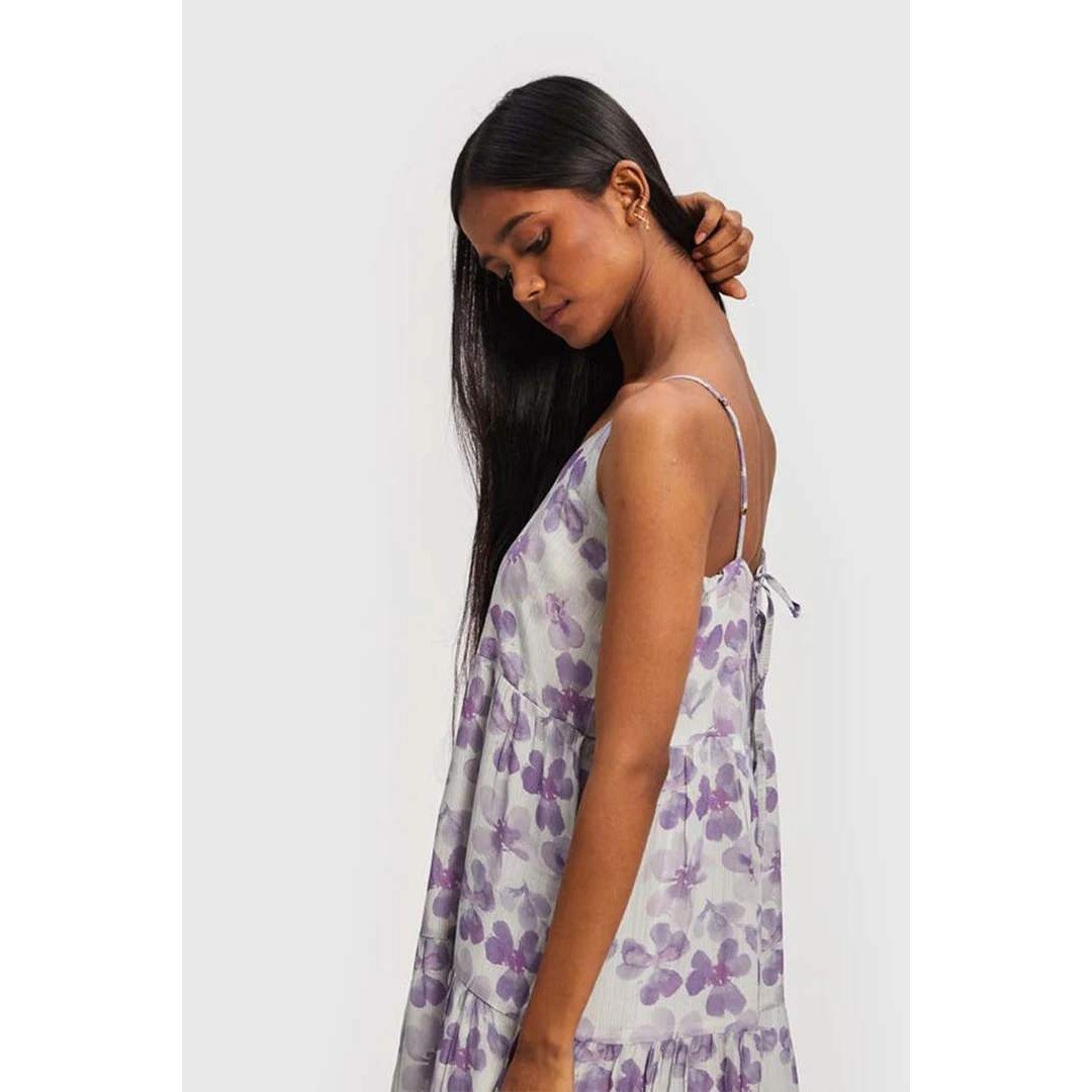 Reistor 100% Bemberg Cupro Lilac Strappy Floral Tiered Midi Dress Pockets S