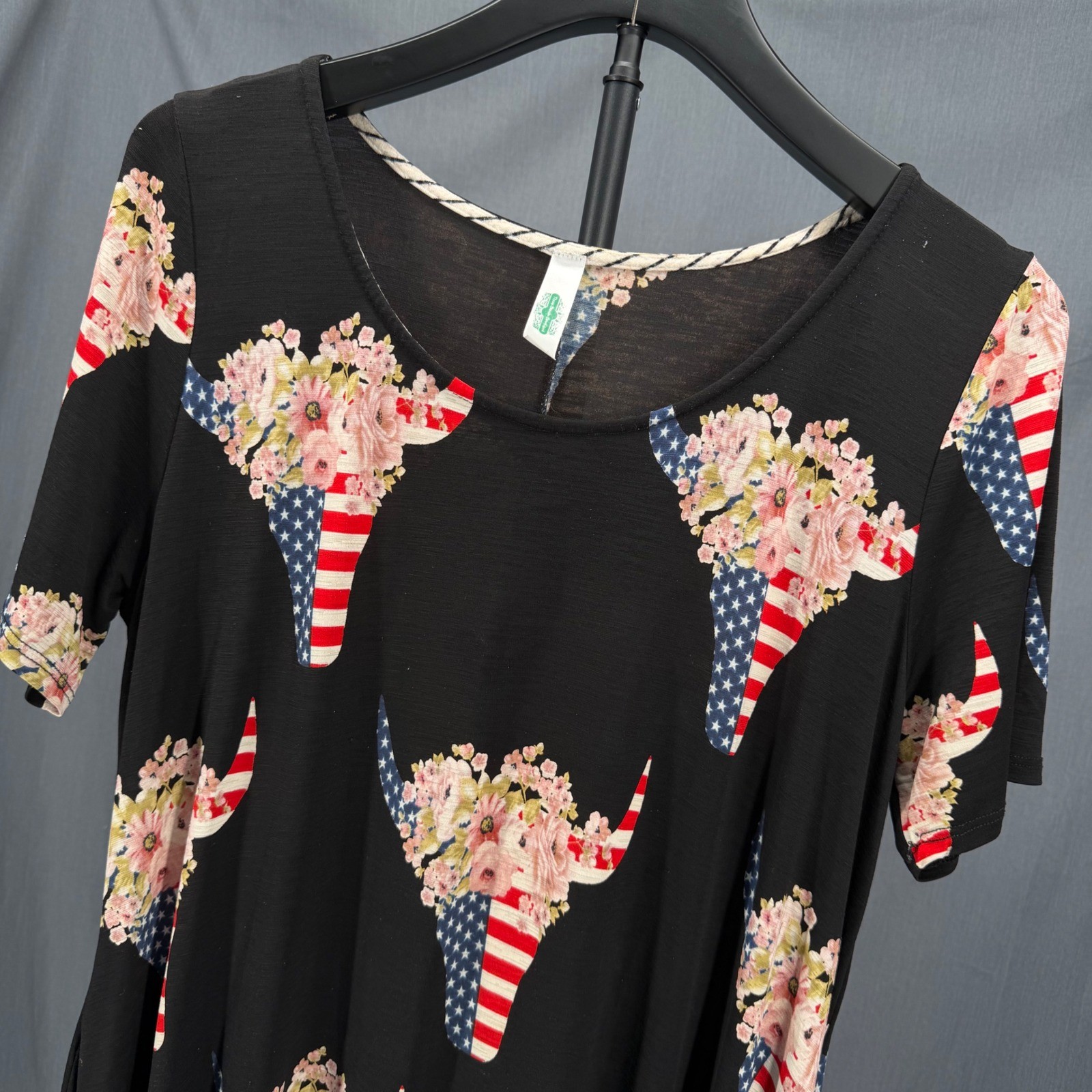 Texas Beach Boutique Dress Floral M Black Longhorn Skull American Flag Cowgirl