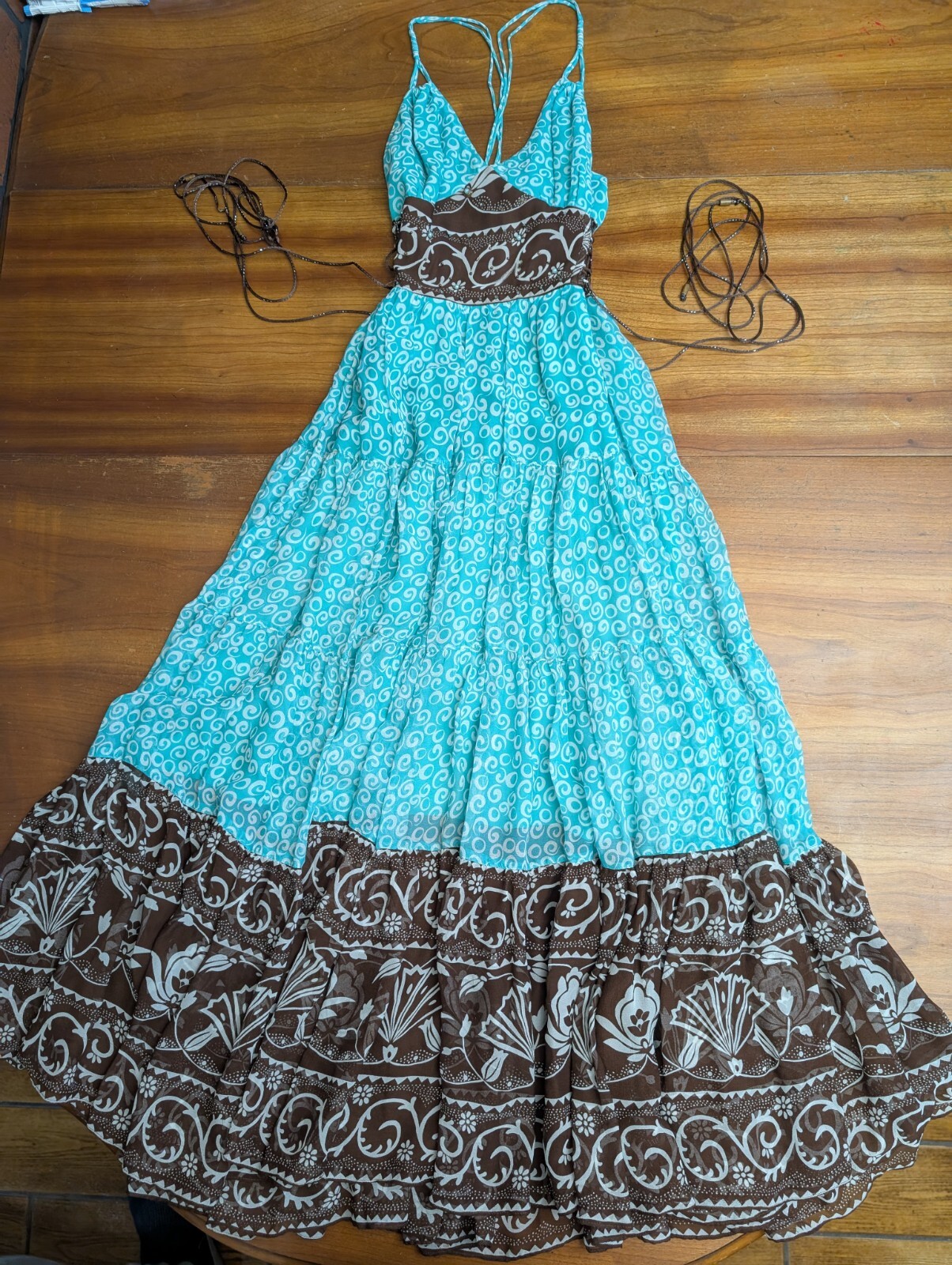 ECI New York Floral Silk Fairy Beaded Embellished Lace Up Corset Spaghetti Dress