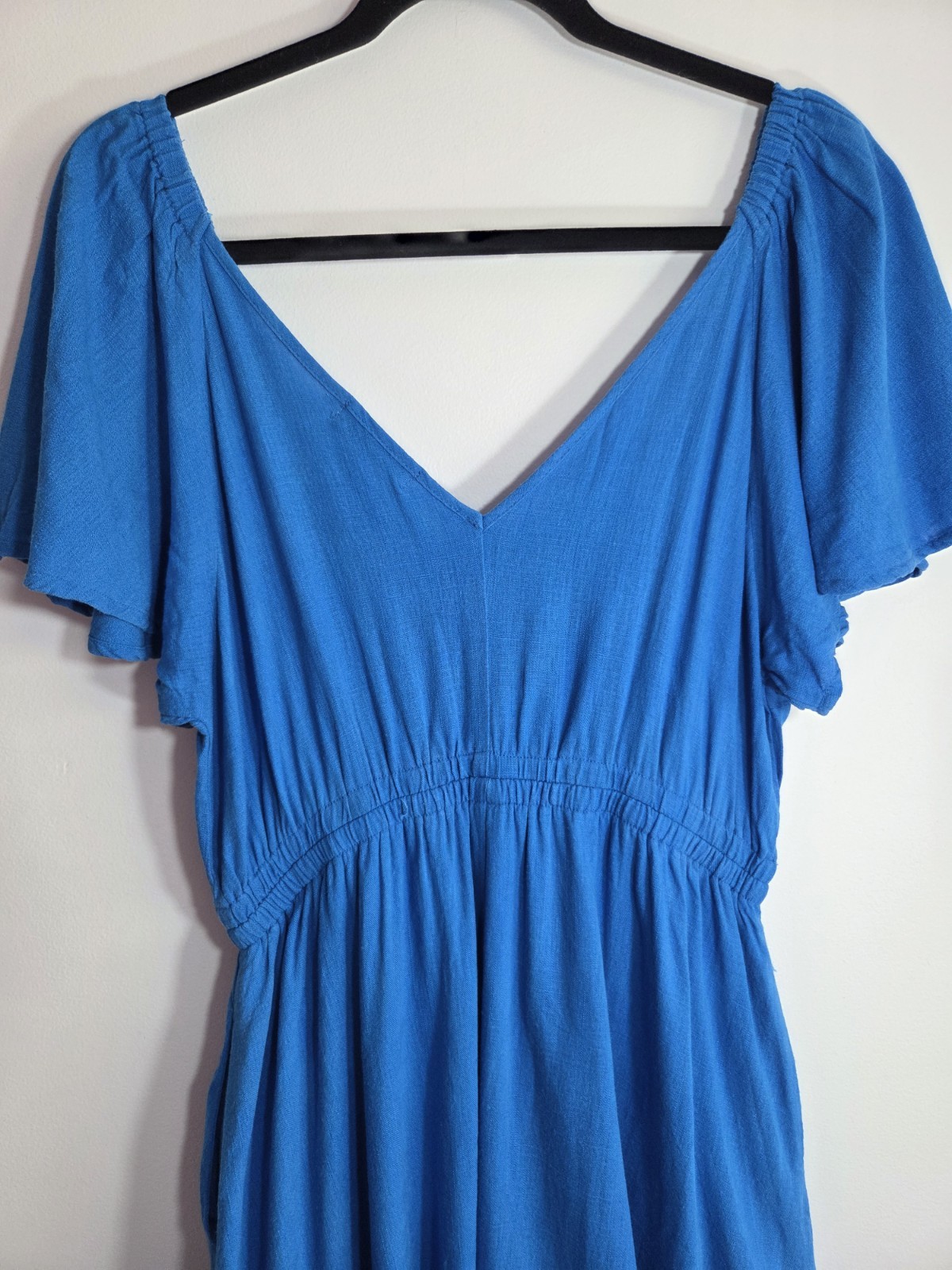 FRIA Size 12 Blue V-Neck Flutter Sleeve Elastic Waist Fit & Flare Short Dress