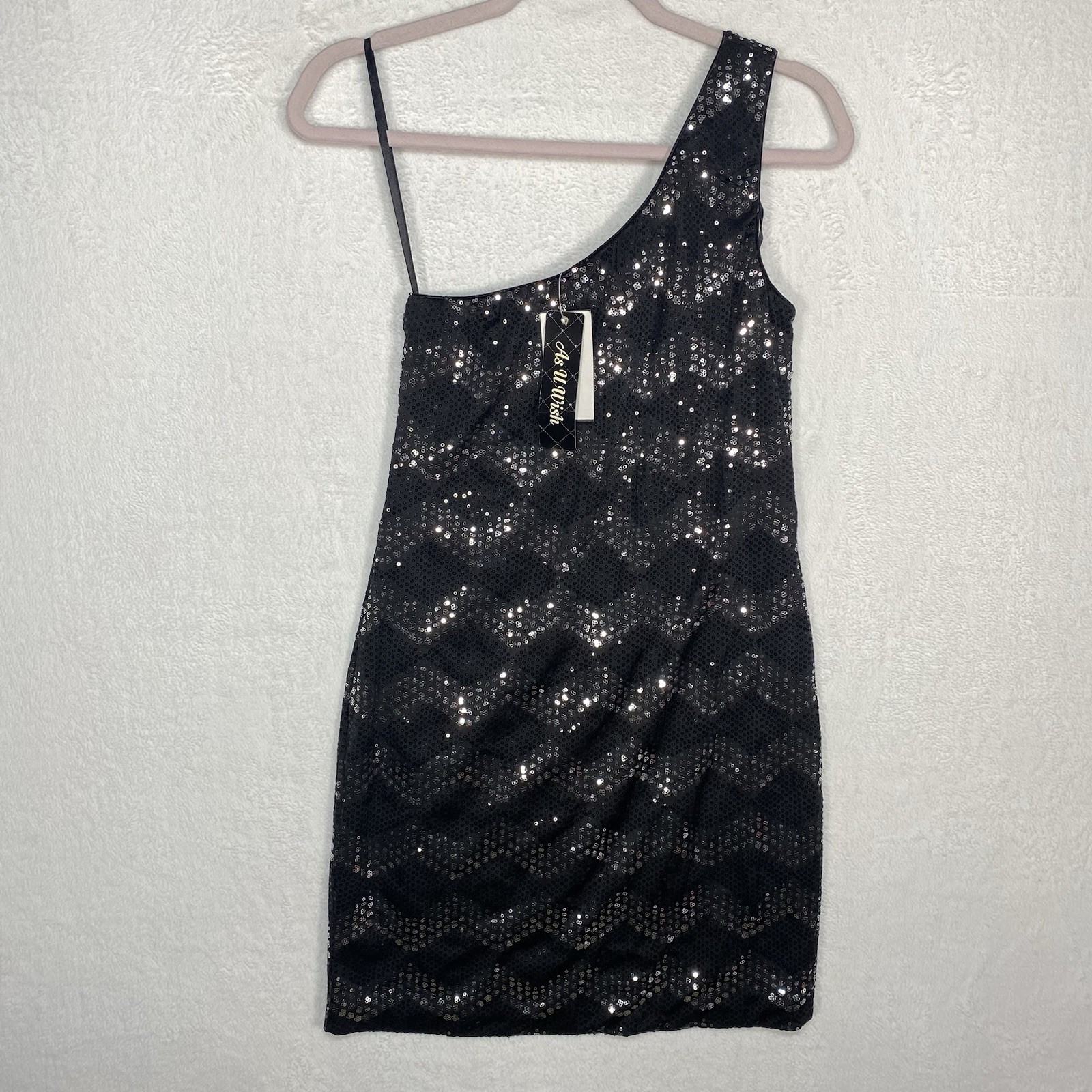 As U Wish Black Sequin One Shoulder Dress M Chevron Sparkle Night Luxe Cocktail