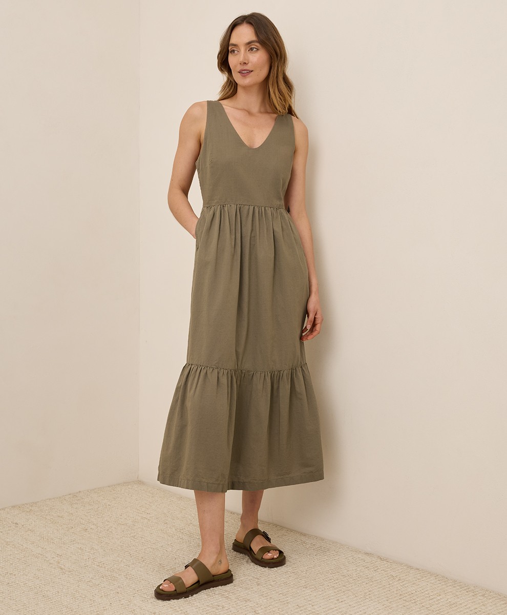 Pact Women’s Canopy Linen Blend Easy Tank Dress Medium Khaki Green Casual Summer