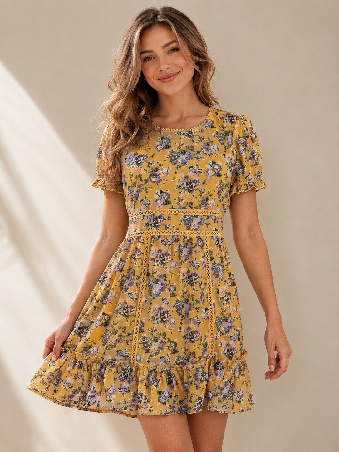 Miami Mustard Yellow Floral Mini Dress Size L Cottagecore Prairie Boho