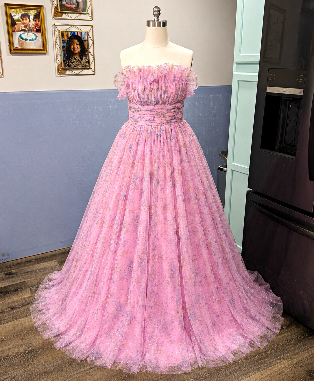 JVN by Jovani Pink Tulle Strapless Ruffle Long Ballgown Prom Dress Size 0