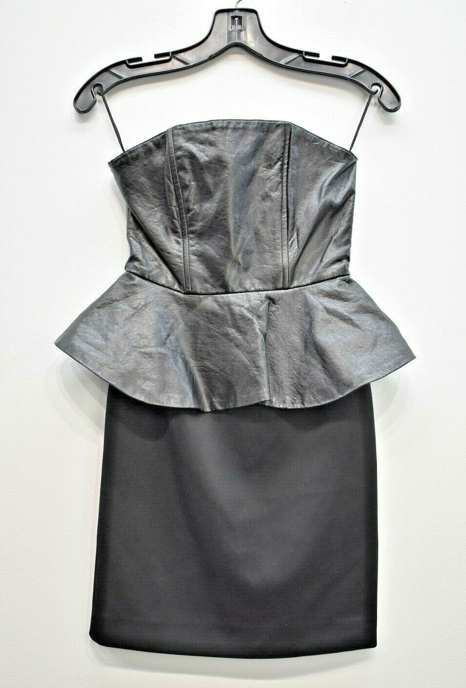 H&M Women Black Spaghetti Strap Imitation Leather Back Zip Casual Peplum Dress 2