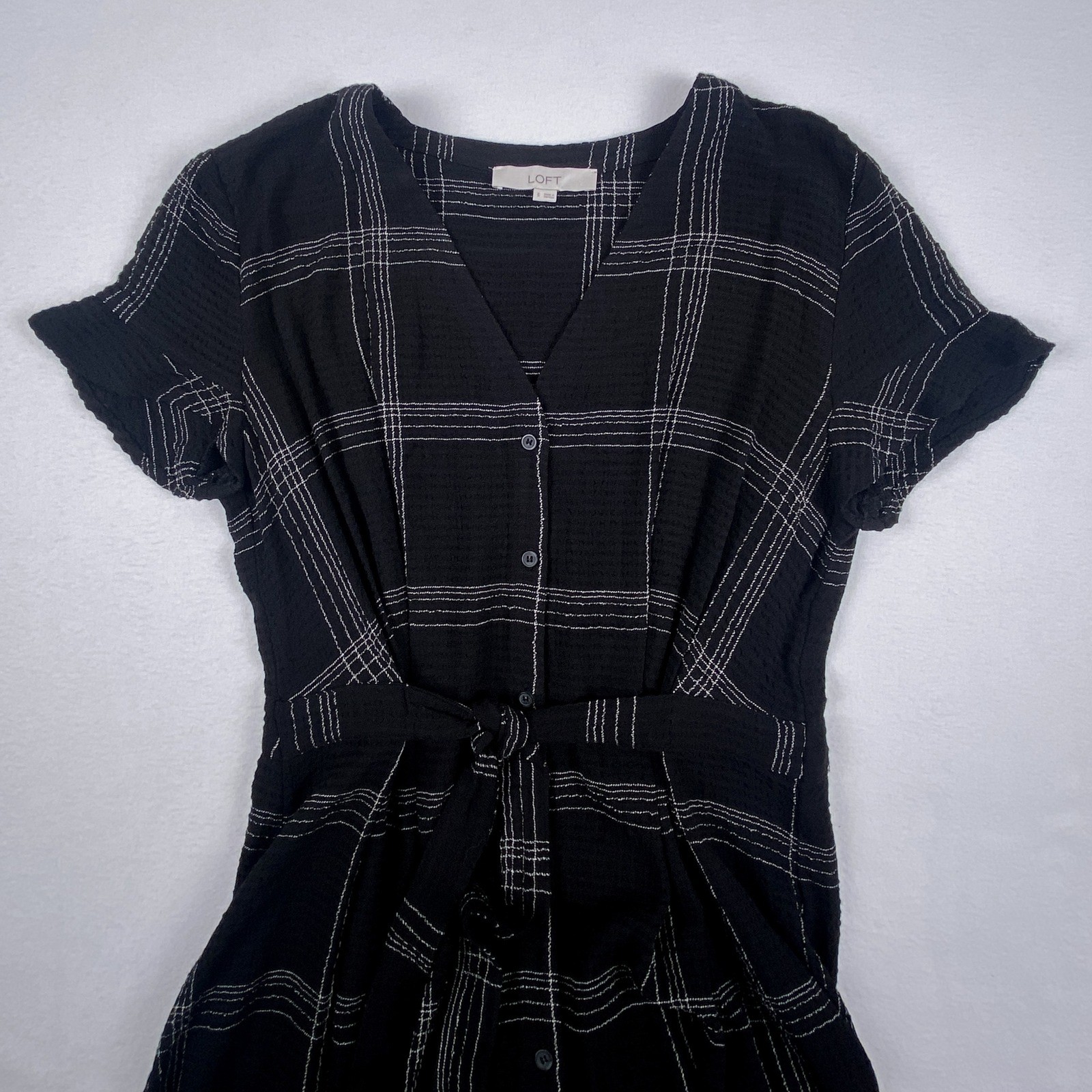 Loft Black White Plaid Button Front Midi Dress Short Sleeve Tie Waist Size 6